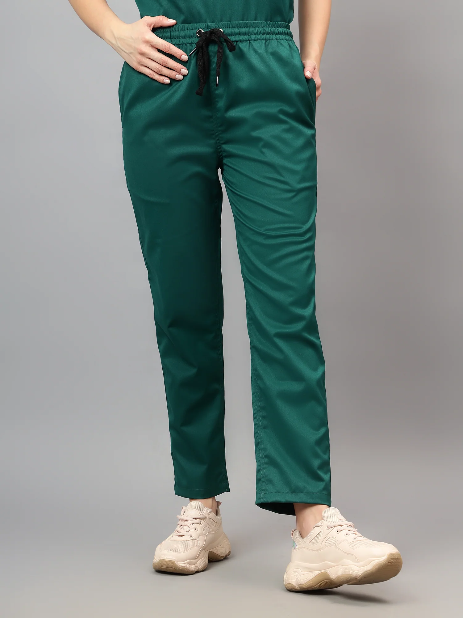 Stretchable (2Way) Women Hunter Green V-Neck With Straight Pant Scrub Set - Image 2