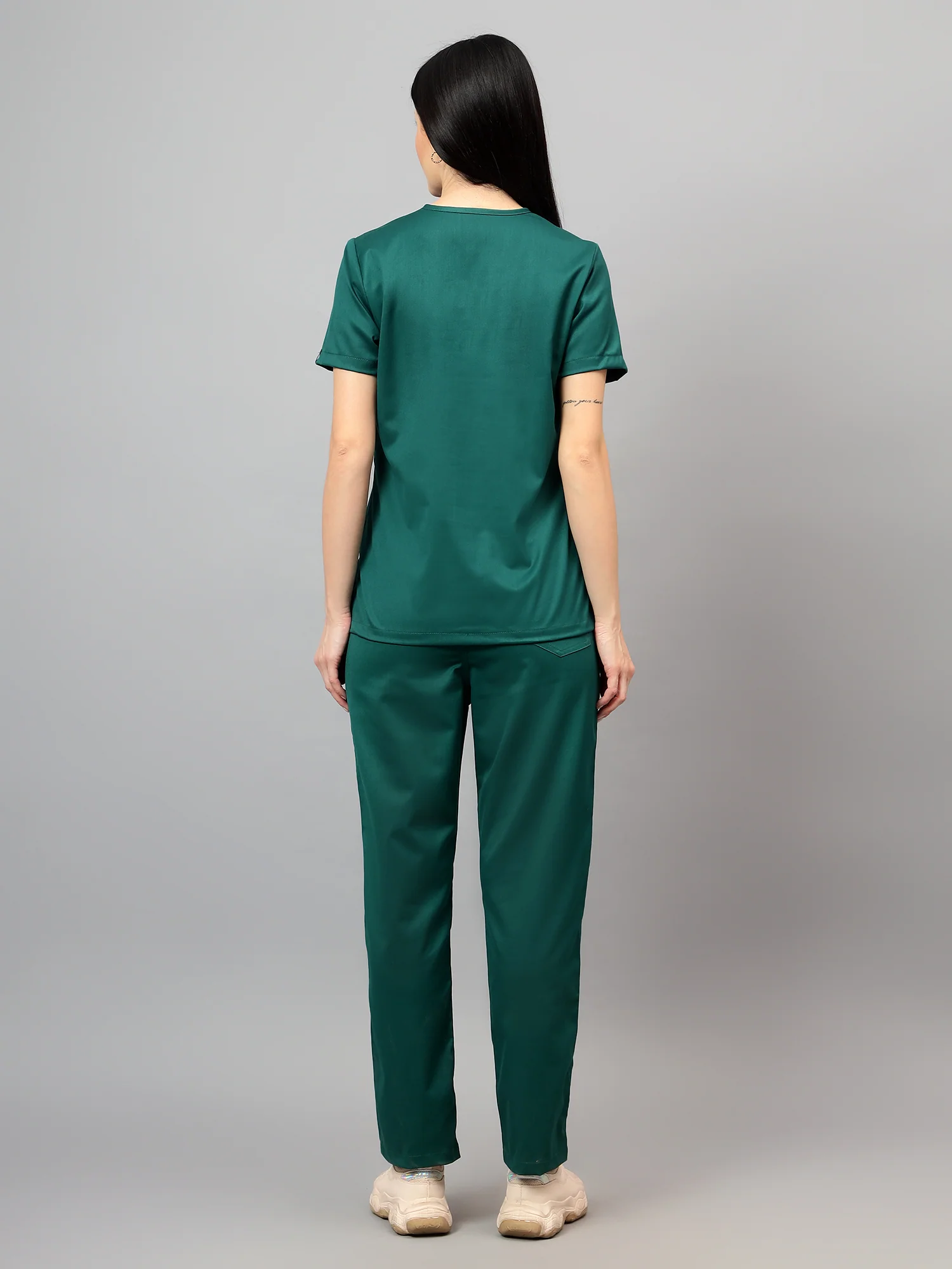 Stretchable (2Way) Women Hunter Green V-Neck With Straight Pant Scrub Set - Image 4