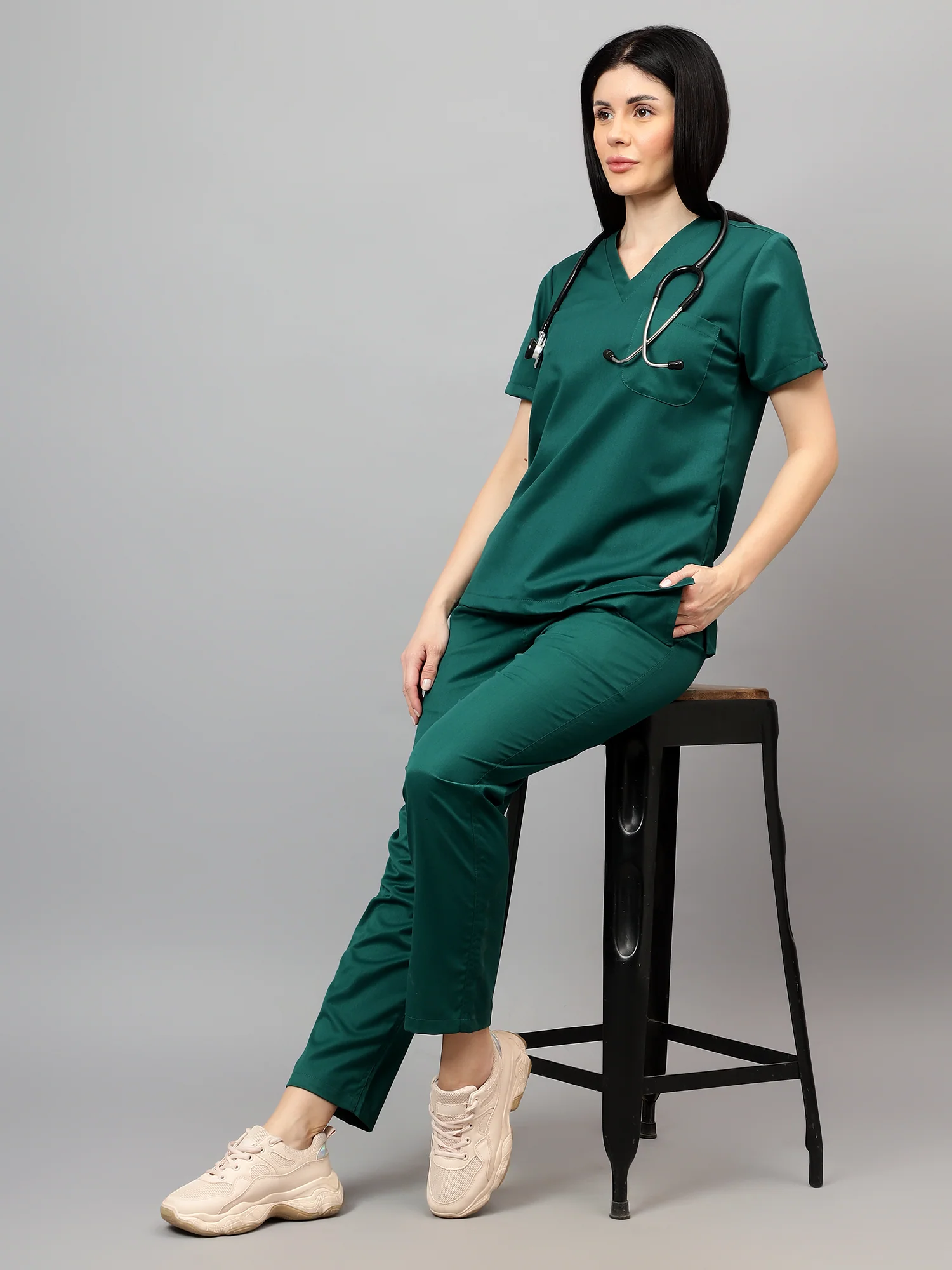 Stretchable (2Way) Women Hunter Green V-Neck With Straight Pant Scrub Set - Image 5
