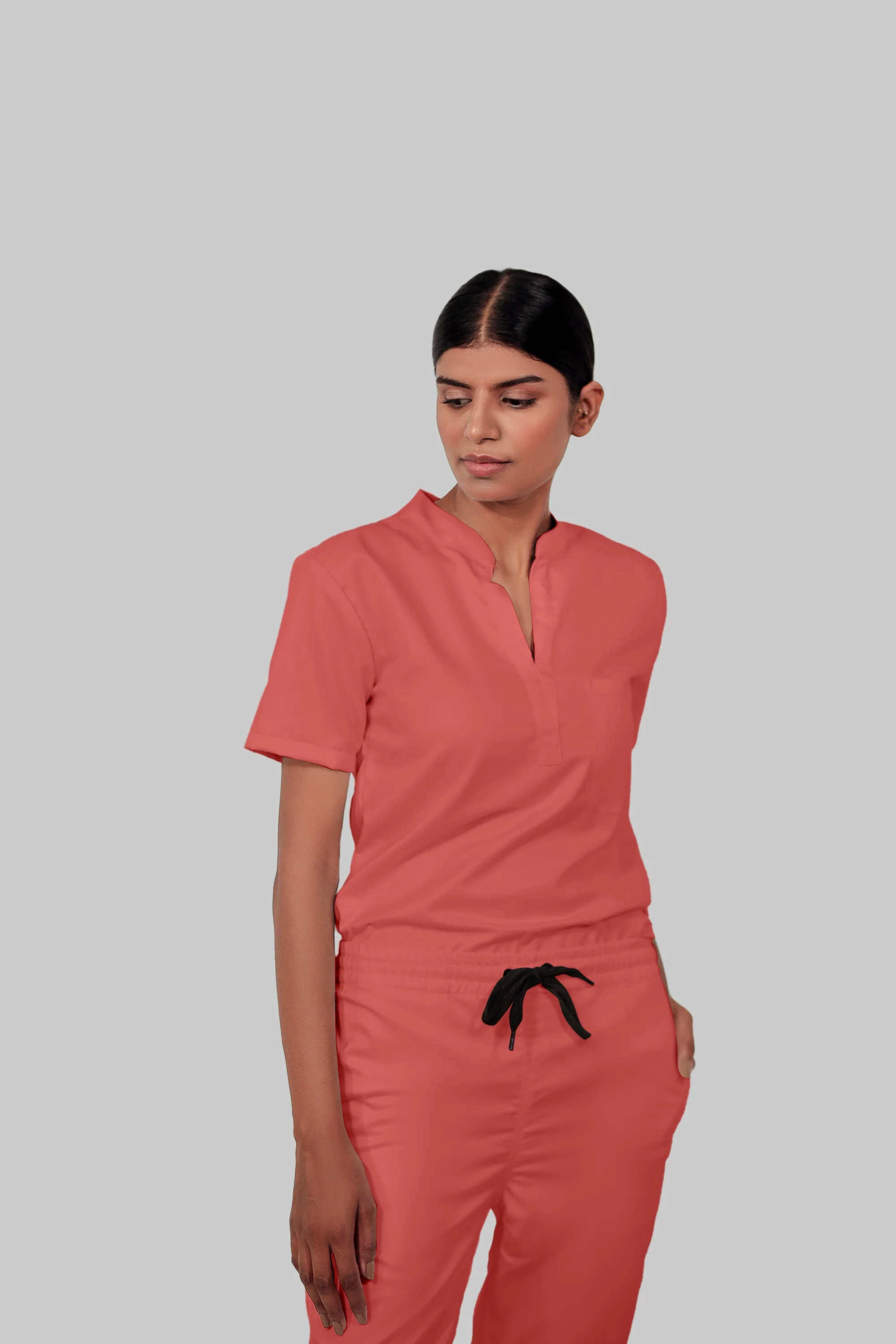 Stretchable (2Way) Women Peach Mandarin Neck With Jogger Scrub Set - Image 2