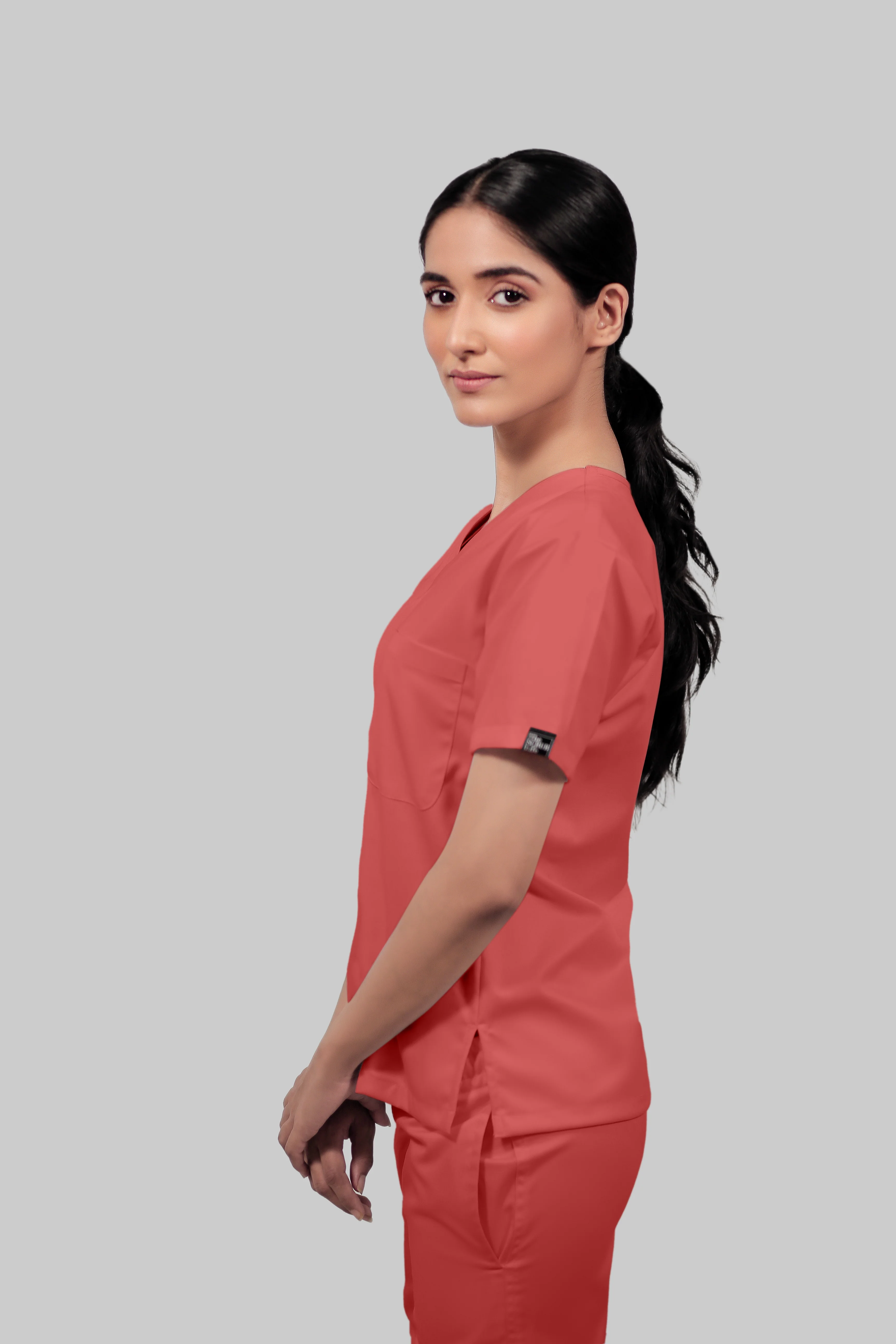 Stretchable (2Way) Women Peach V-Neck Scrub Top - Image 4