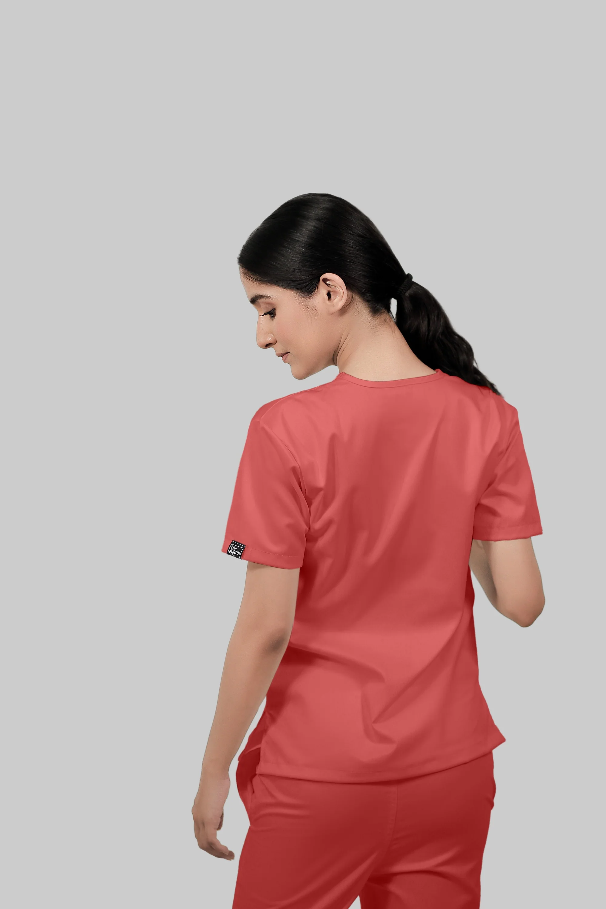 Stretchable (2Way) Women Peach V-Neck With Straight Pant Scrub Set - Image 2