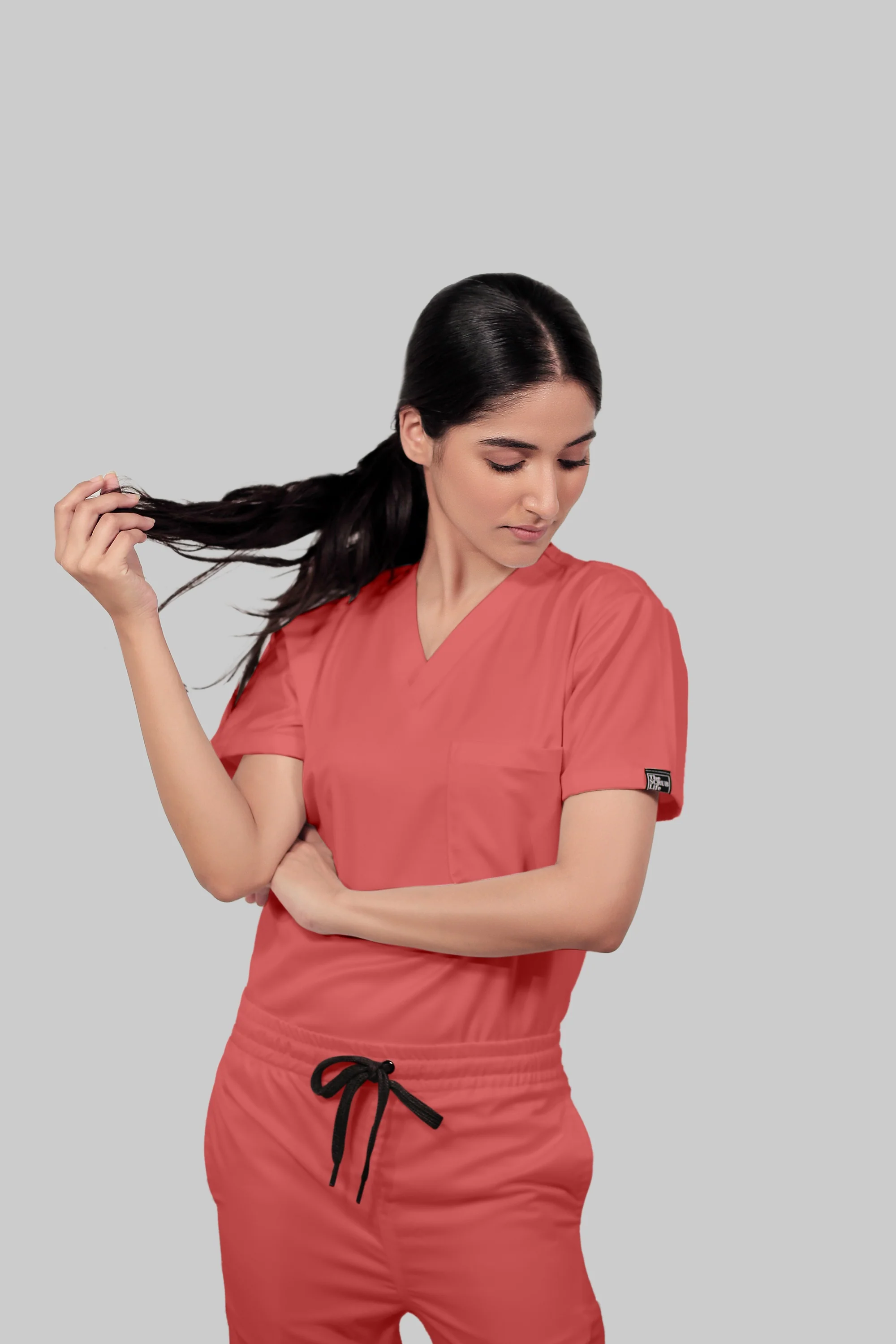 Stretchable (2Way) Women Peach V-Neck With Straight Pant Scrub Set - Image 3