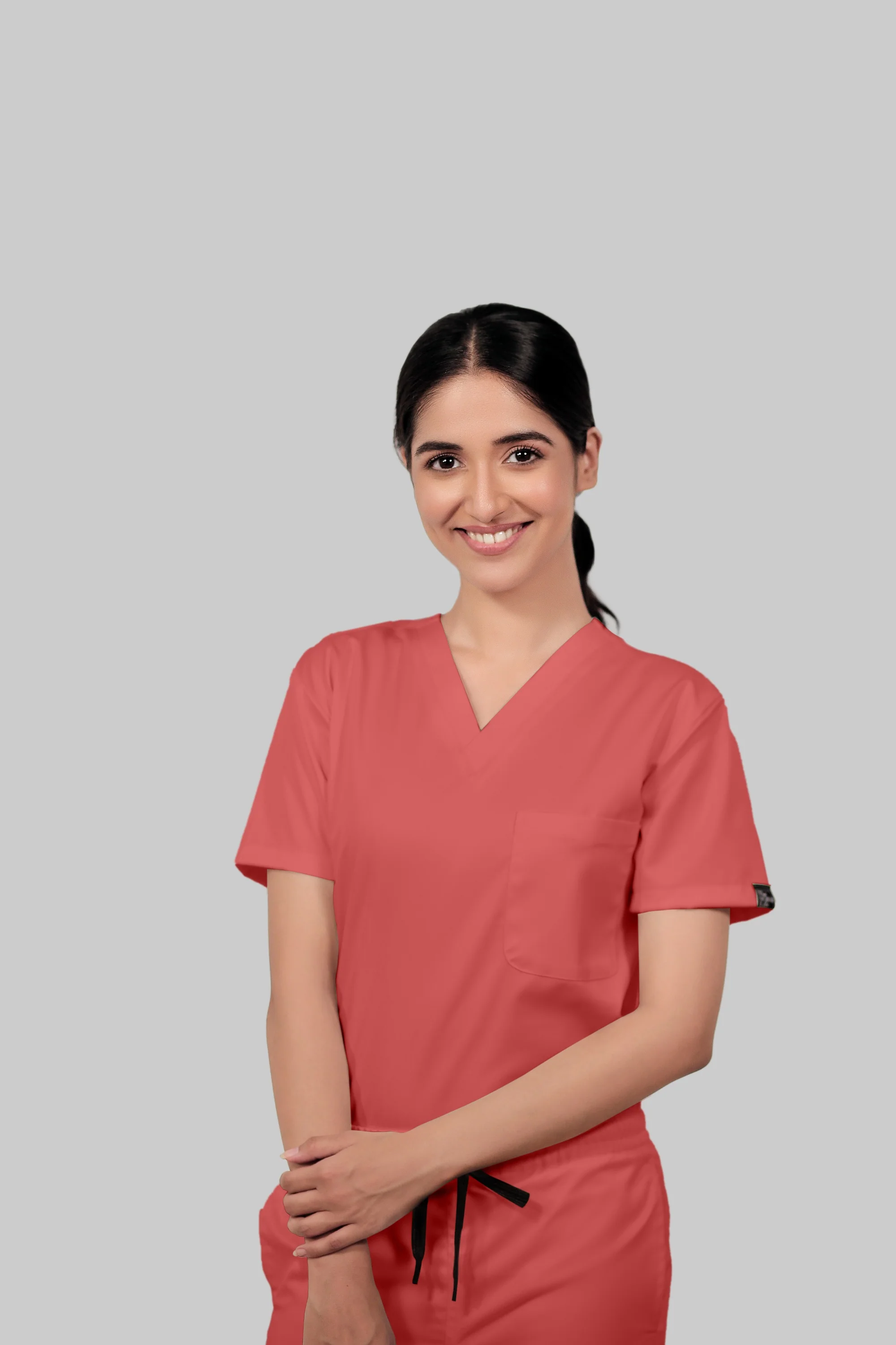 Stretchable (2Way) Women Peach V-Neck With Straight Pant Scrub Set - Image 4