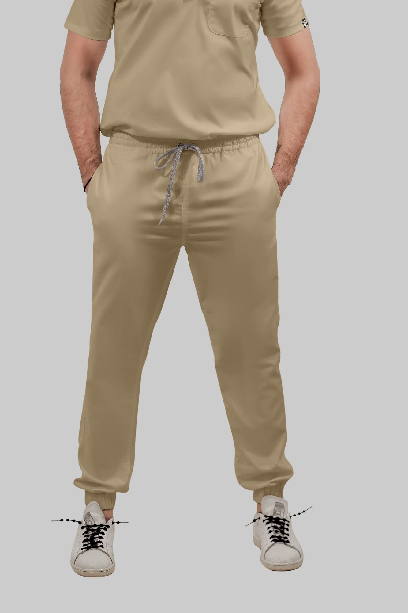 Stretchable (4Way) Women Beige Mandarin Neck With Jogger Scrub Scrub Set - Image 3
