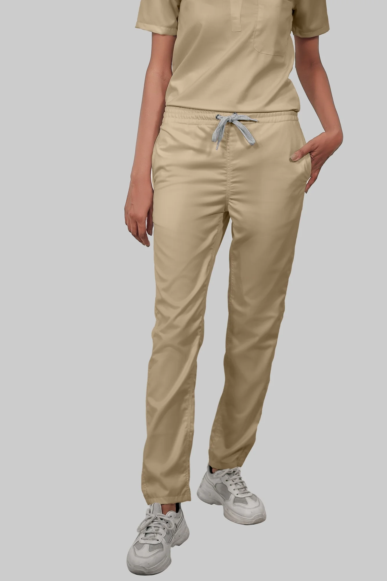 Stretchable (4Way) Women Beige Mandarin Neck With Straight Pant Scrub Set - Image 3