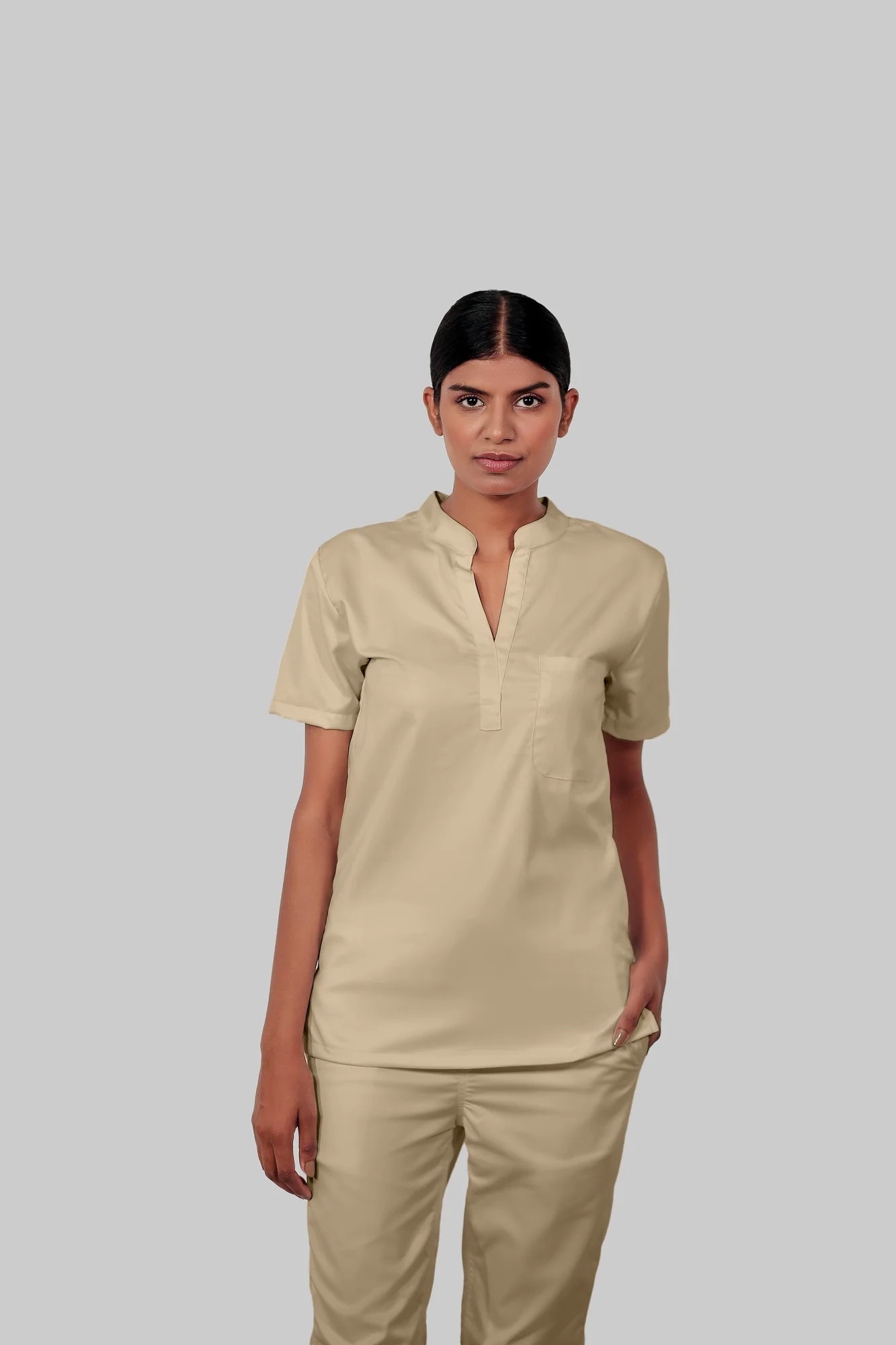 Stretchable (4Way) Women Beige Mandarin Neck With Straight Pant Scrub Set - Image 4