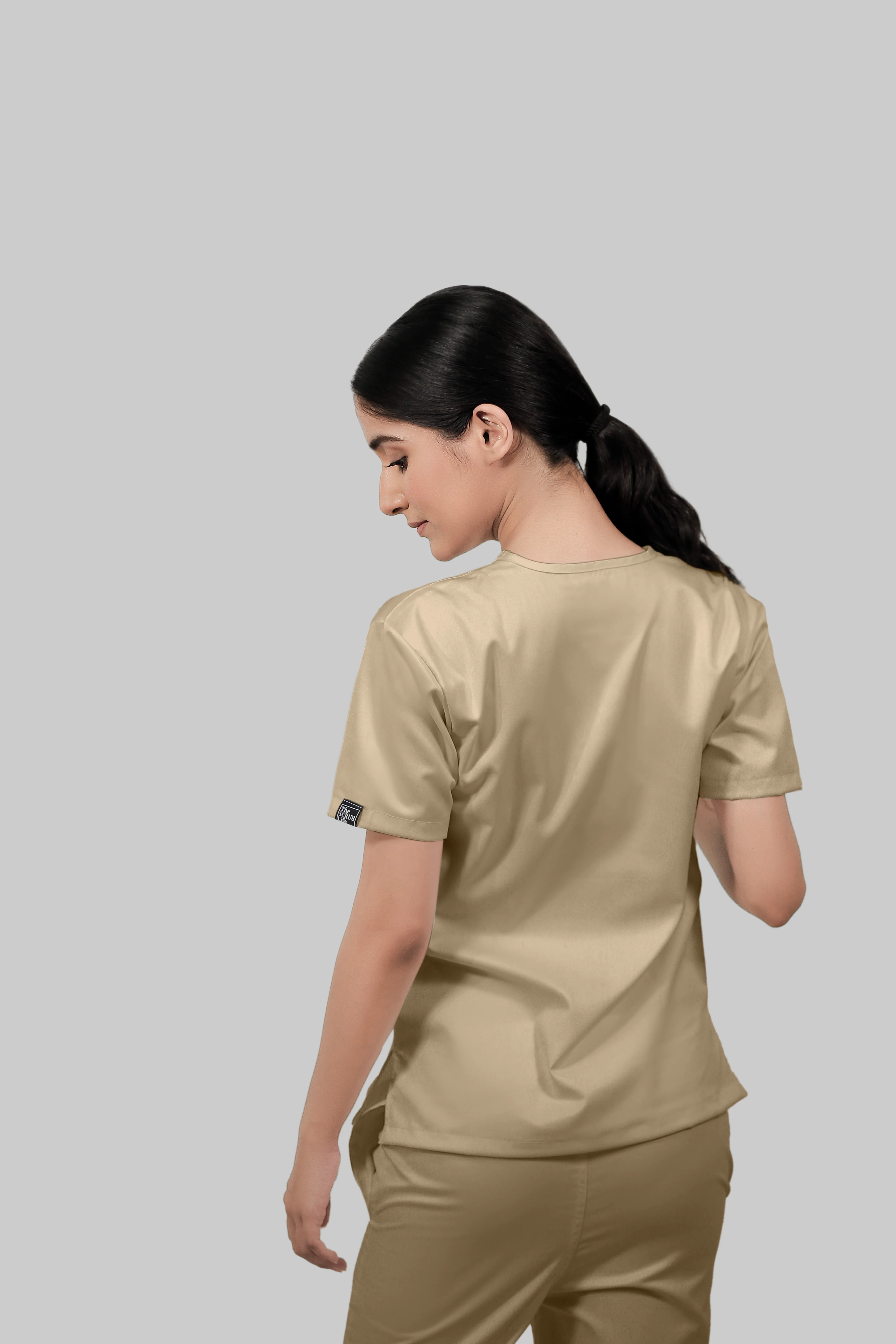 Stretchable (4Way) Women Beige V-Neck Scrub Top - Image 4