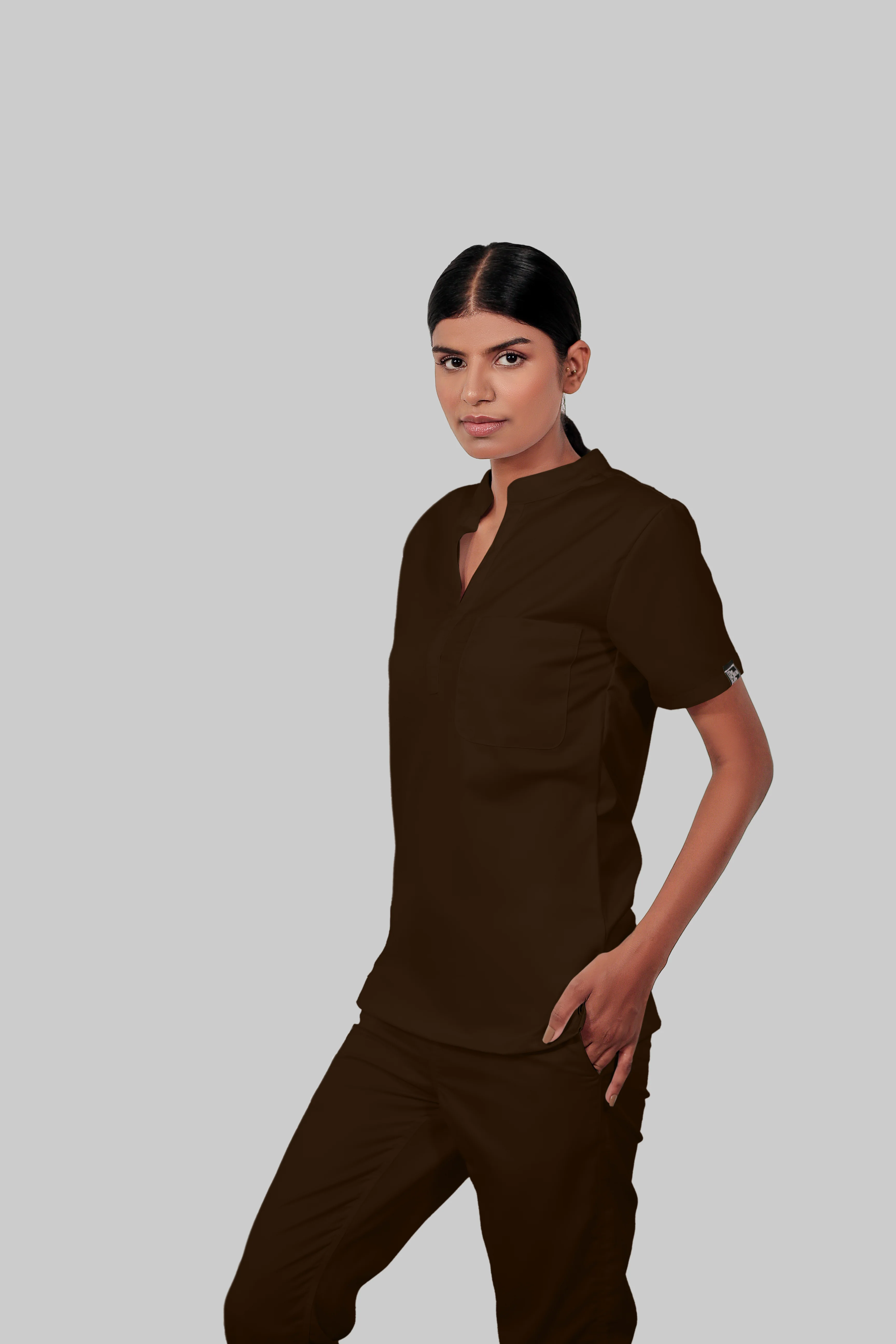 Stretchable (4Way) Women Brown Mandarin Neck Scrub Top - Image 3