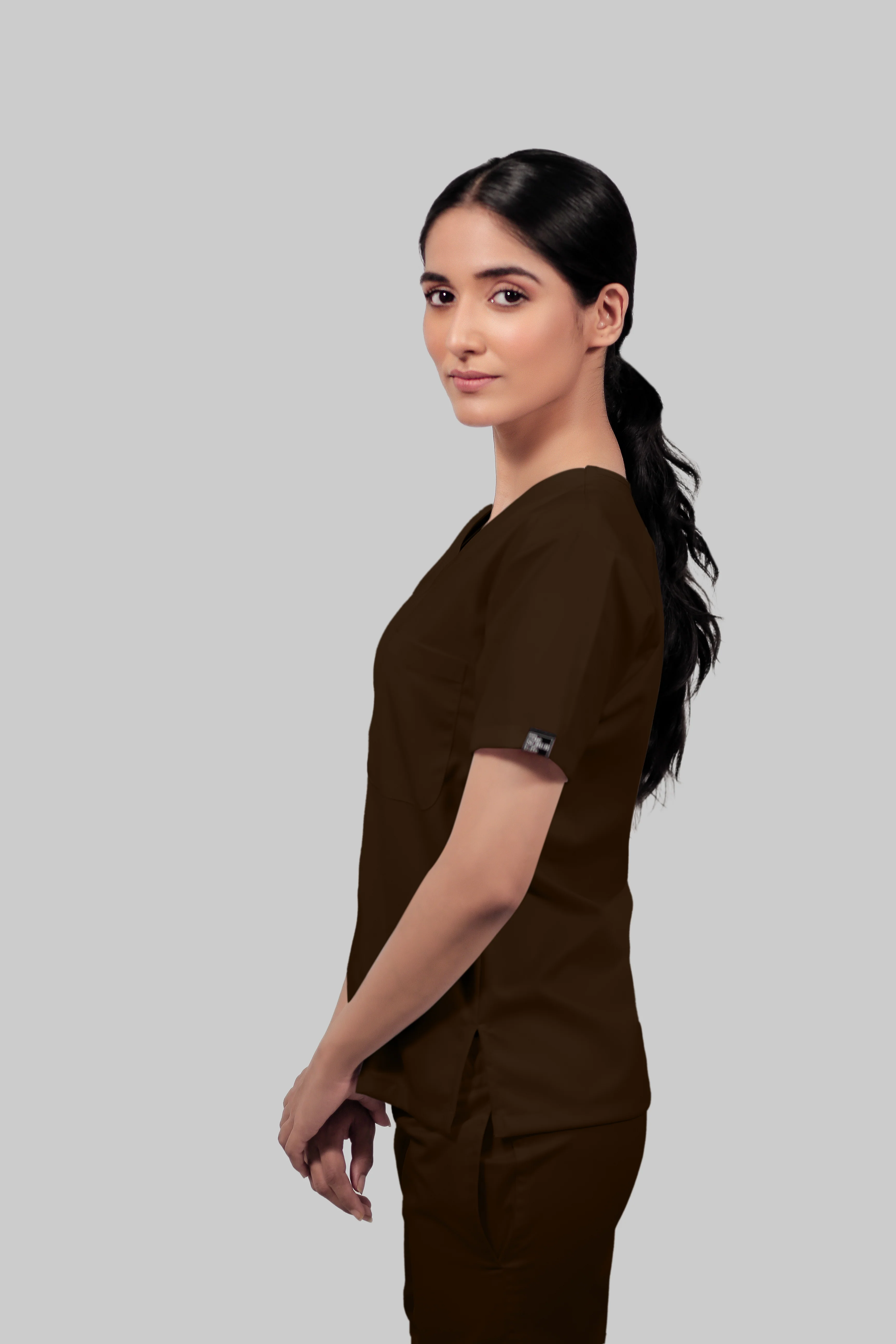 Stretchable (4Way) Women Brown V-Neck Scrub Top - Image 3