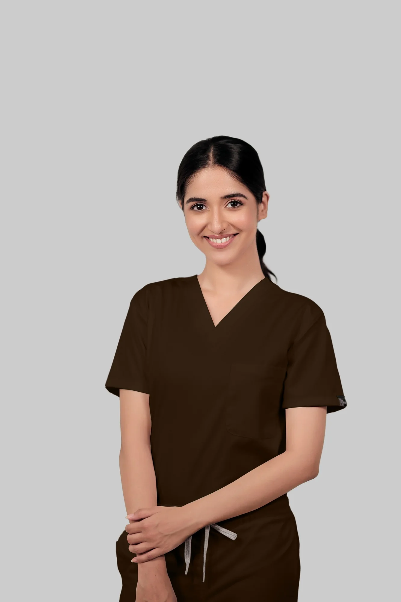 Stretchable (4Way) Women Brown V-Neck With Jogger Scrub Set