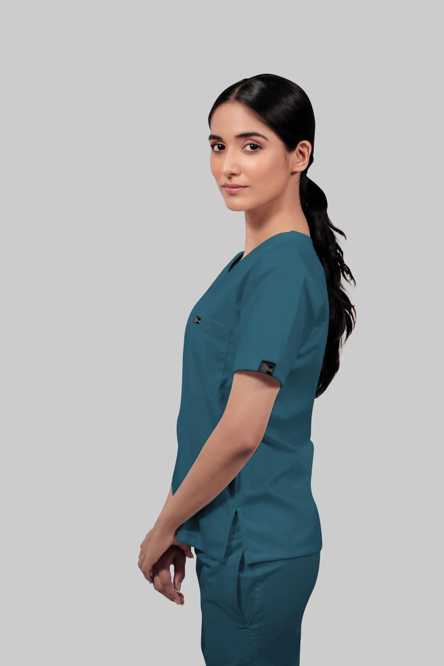 Stretchable (4Way) Women Peacock Blue V-Neck With Jogger Scrub Set - Image 5