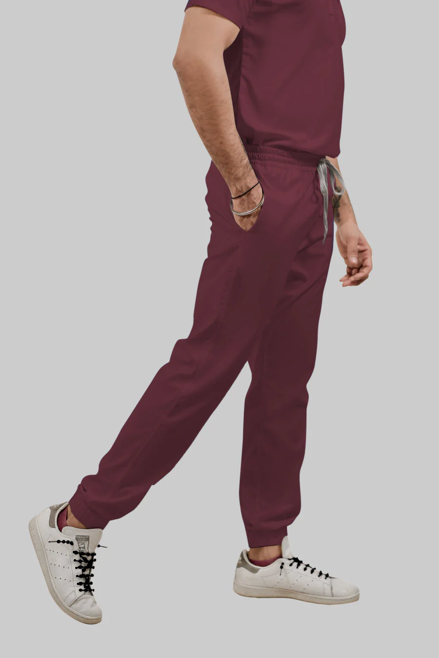 Stretchable (4Way) Women Burgundy Mandarin Neck With Jogger Scrub Set - Image 5