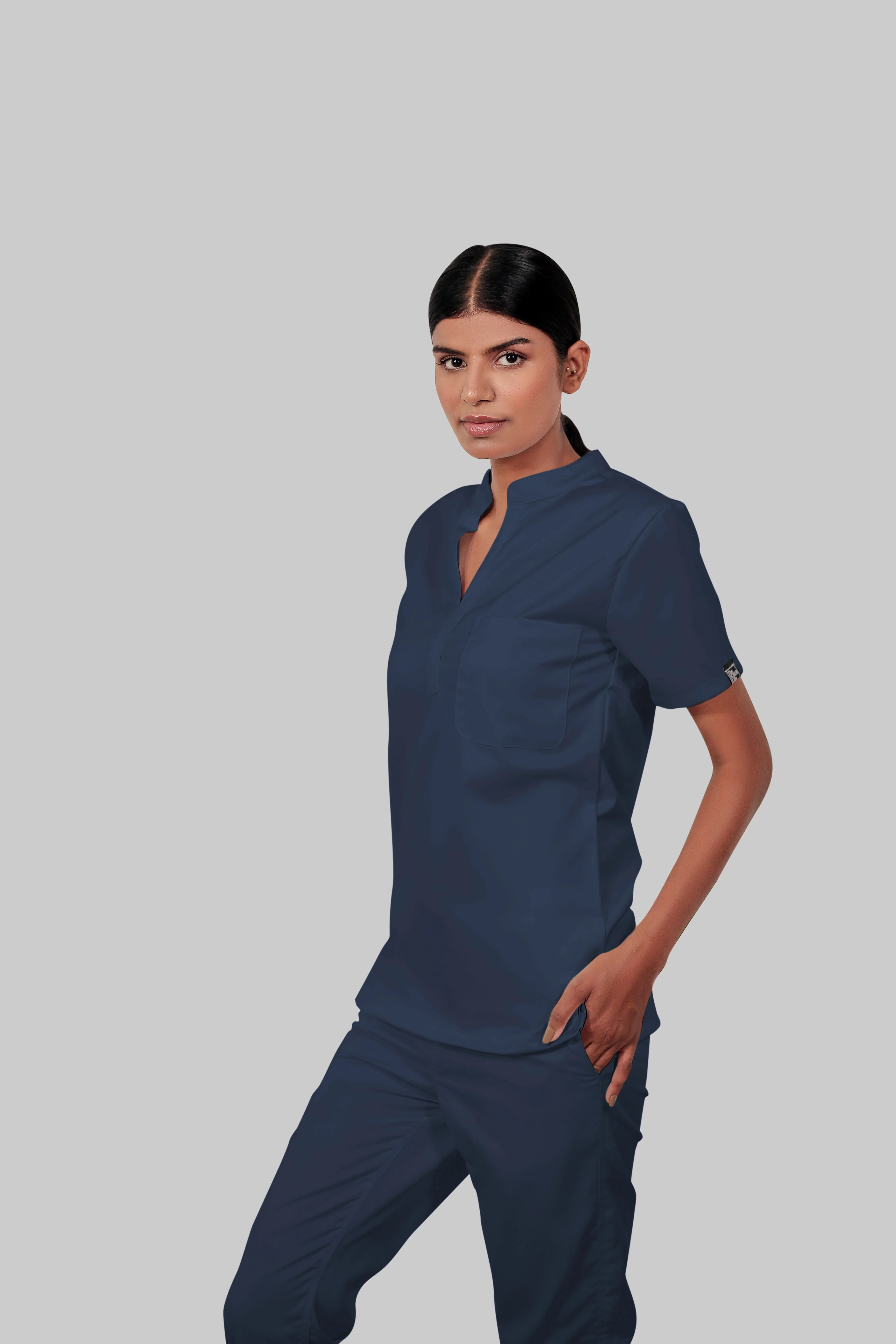 Stretchable (4way) Women Navy Blue Mandarin Neck With Jogger Scrub Set - Image 6