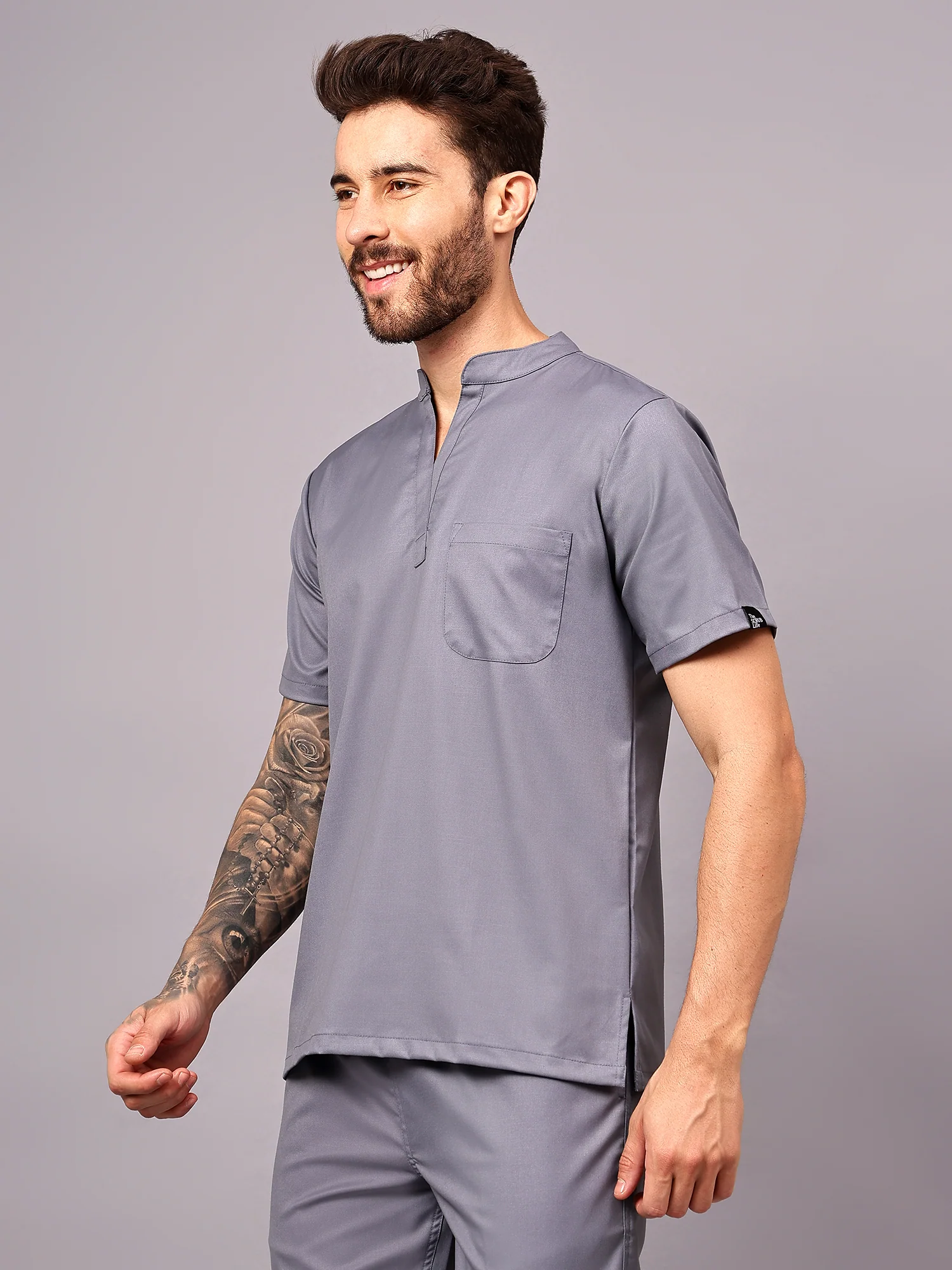 Stretchable (2Way) Men Graphite Mandarin Neck Scrub Top - Image 2