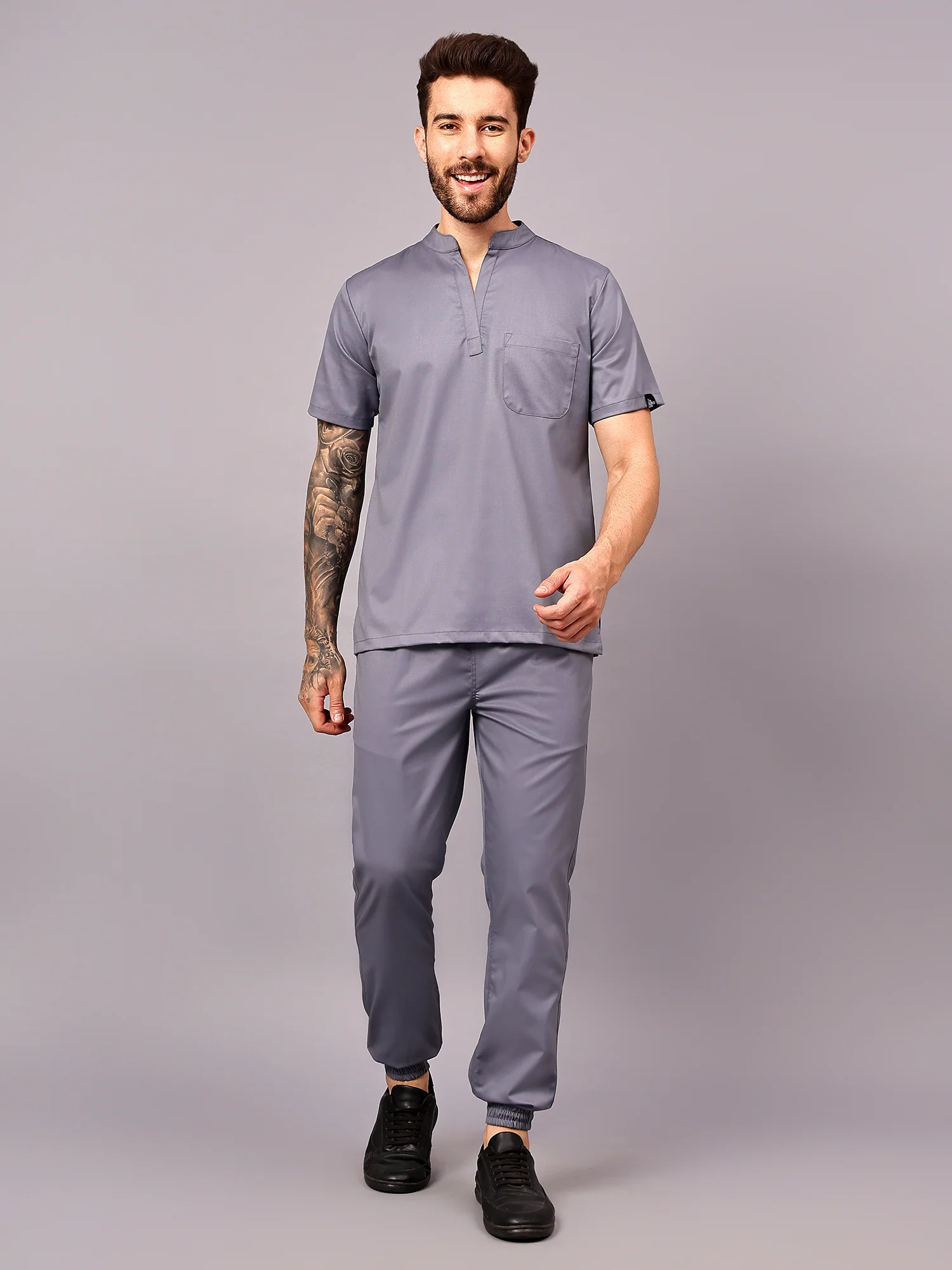 Stretchable (2Way) Men Graphite Mandarin Neck With Jogger Scrub Set - Image 2