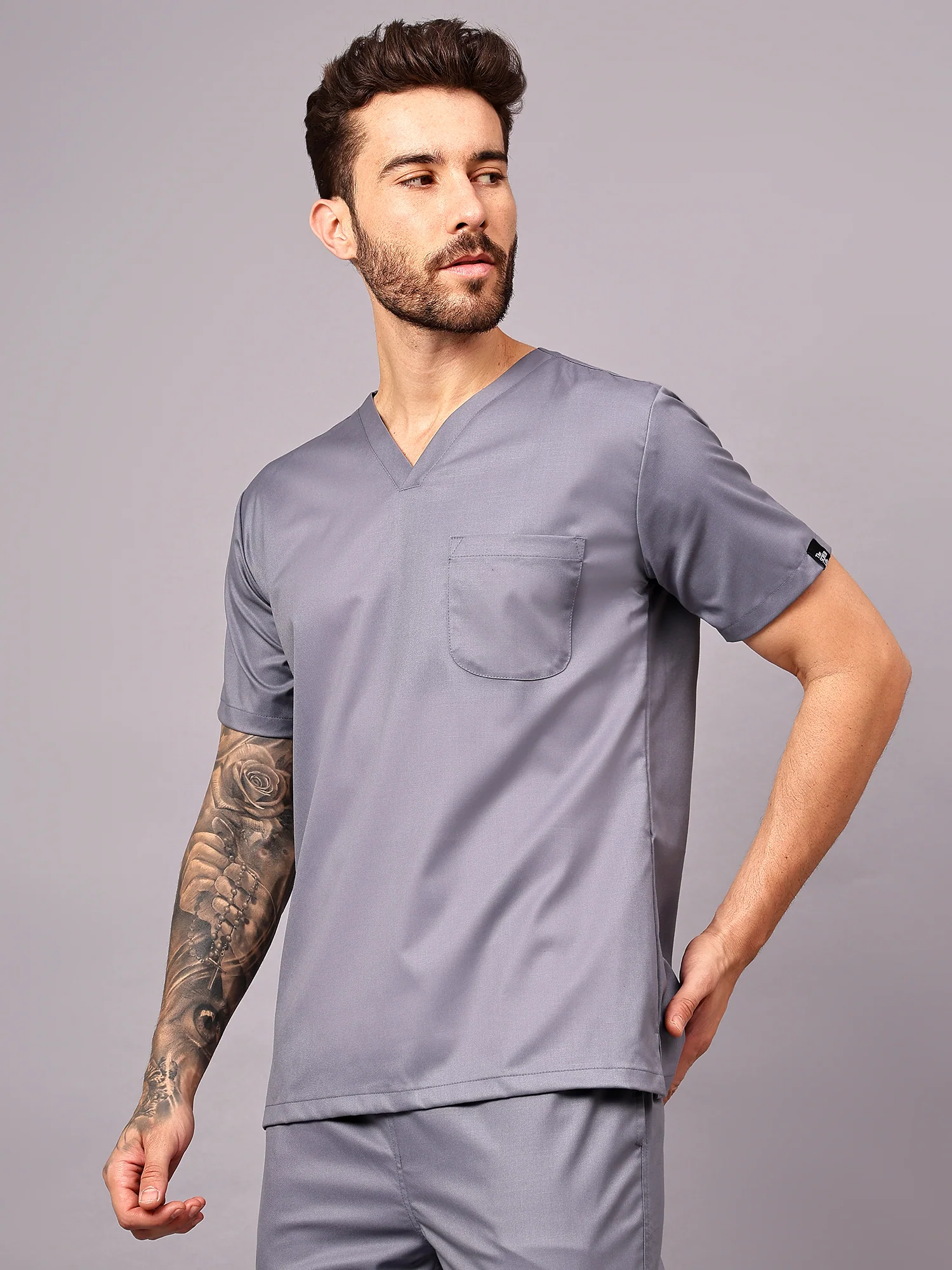 Stretchable (2Way) Men Graphite V-Neck With Straight Pant Scrub Set - Image 2