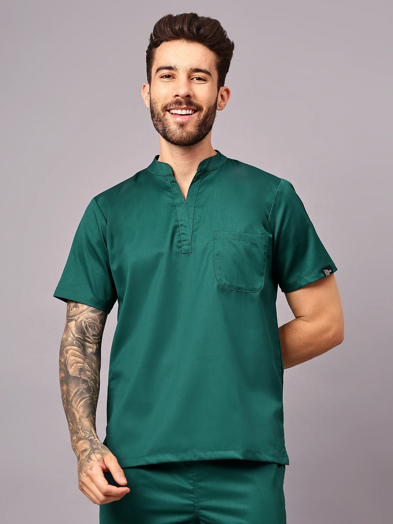 Stretchable (2Way) Men Hunter Green Mandarin Neck Scrub Top