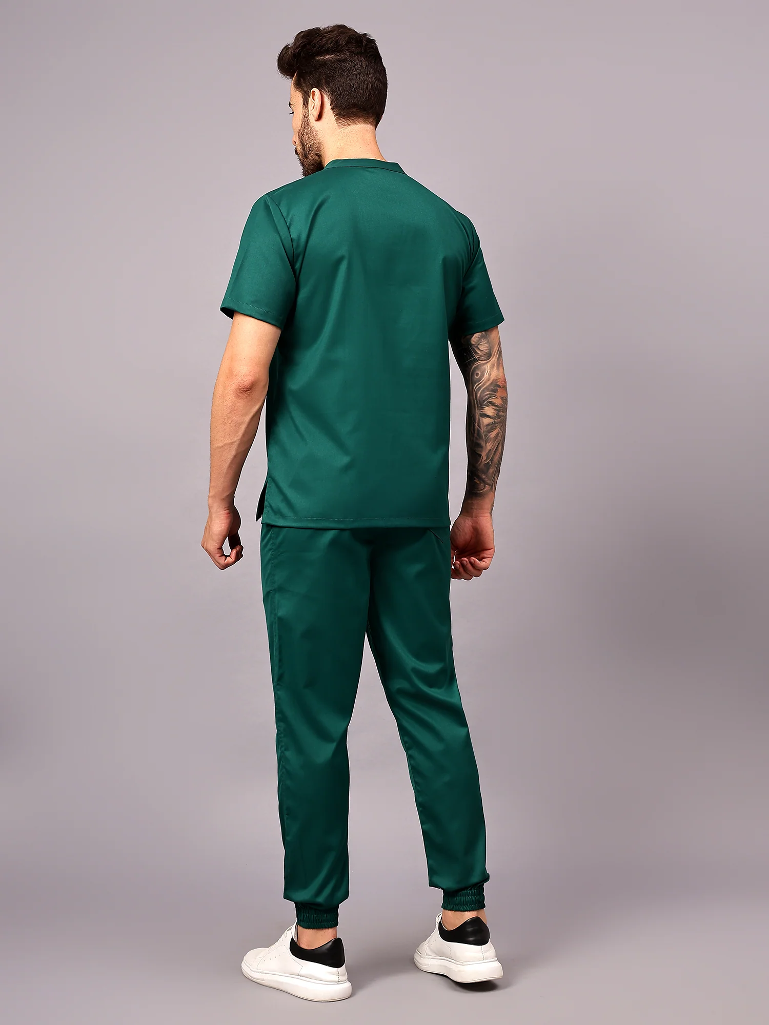 Stretchable (2Way) Men Hunter Green Mandarin Neck With Jogger Scrub Set - Image 2