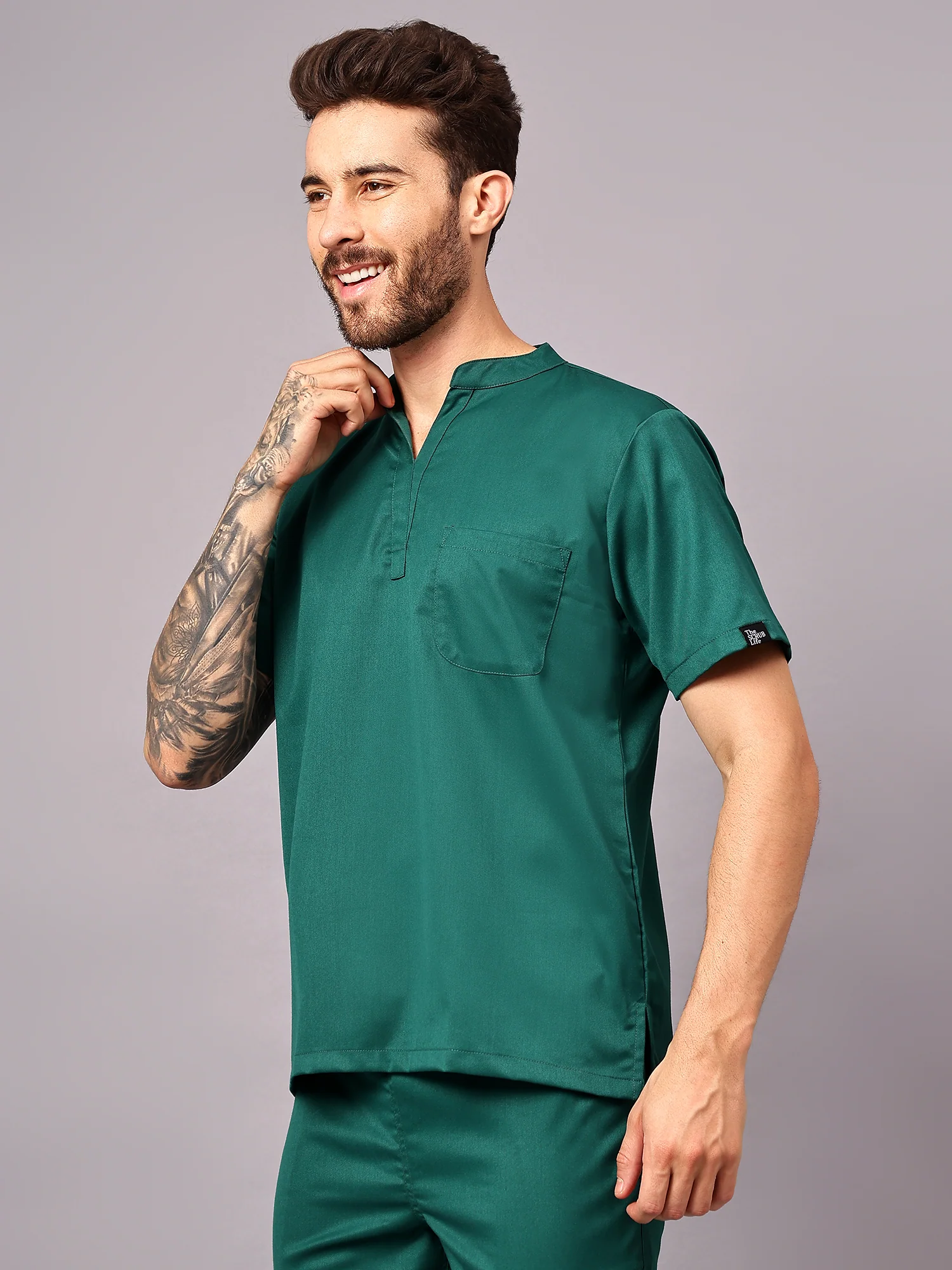 Stretchable (2Way) Men Hunter Green Mandarin Neck With Jogger Scrub Set - Image 3