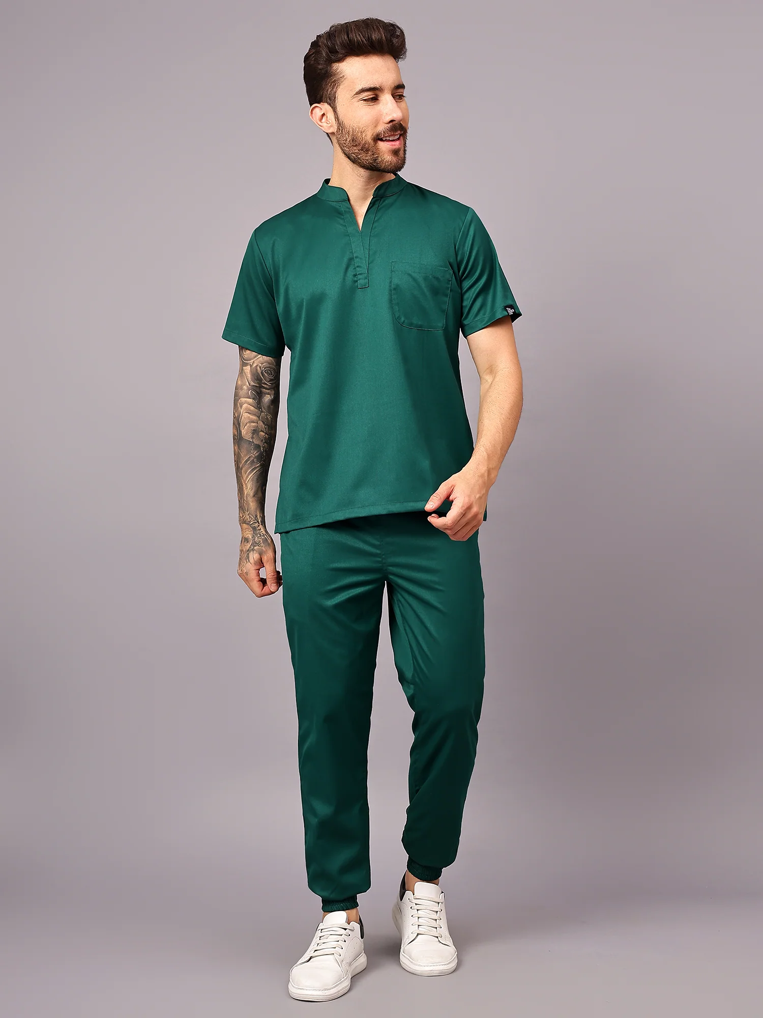 Stretchable (2Way) Men Hunter Green Mandarin Neck With Jogger Scrub Set - Image 4