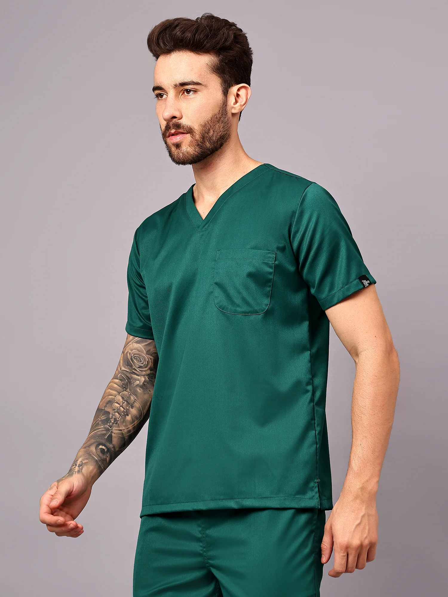 Stretchable (2Way) Men Hunter Green V-Neck Scrub Top - Image 3