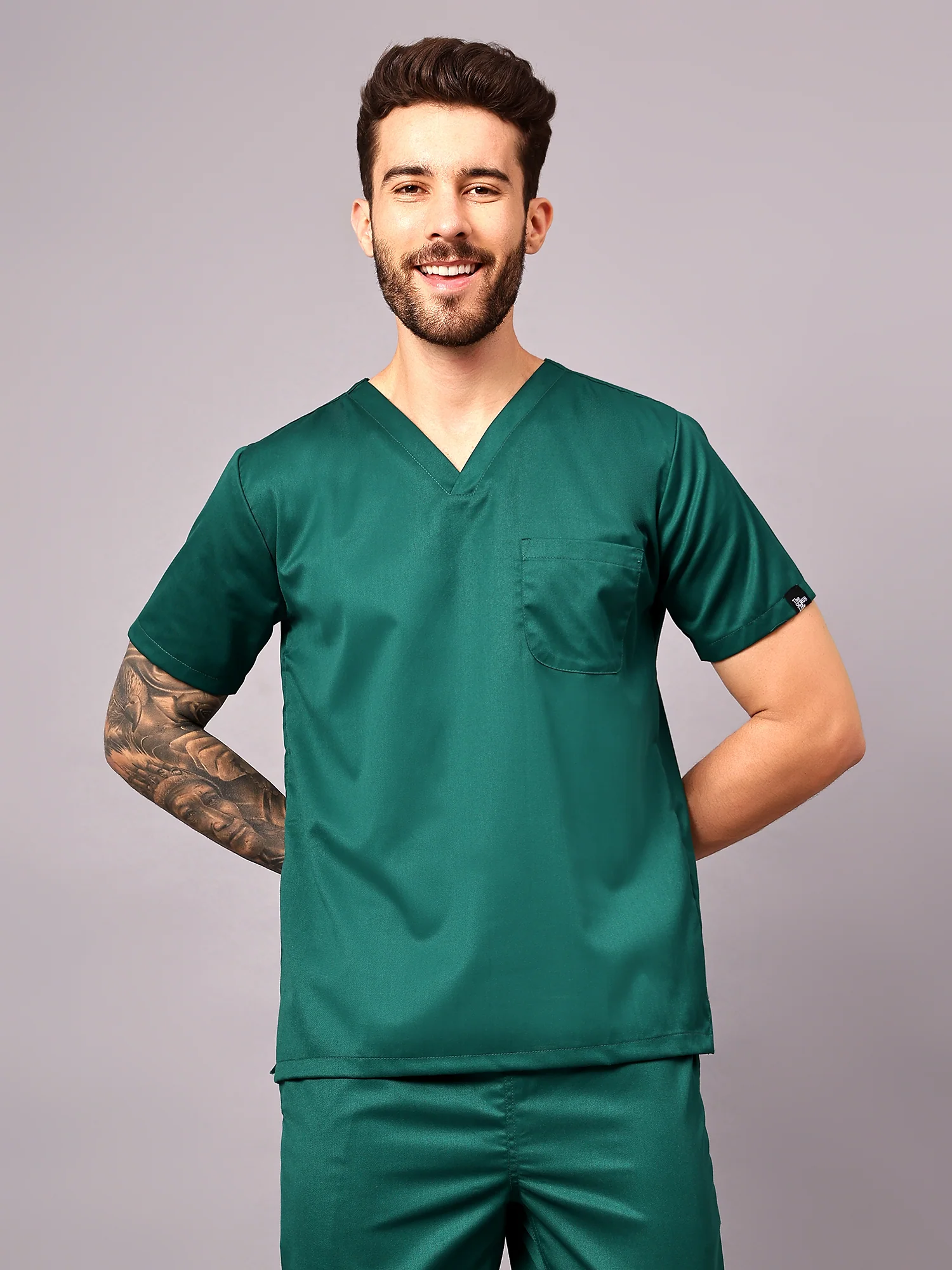 Stretchable (2Way) Men Hunter Green V-Neck With Jogger Scrub Set - Image 2