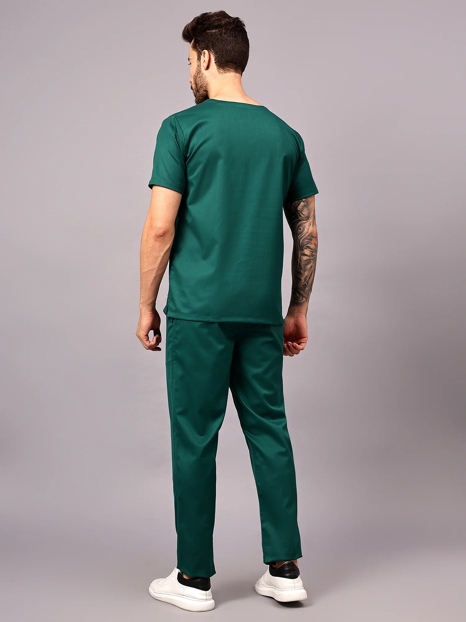 Stretchable (2Way) Men Hunter Green V-Neck With Straight Pant Scrub Set - Image 2