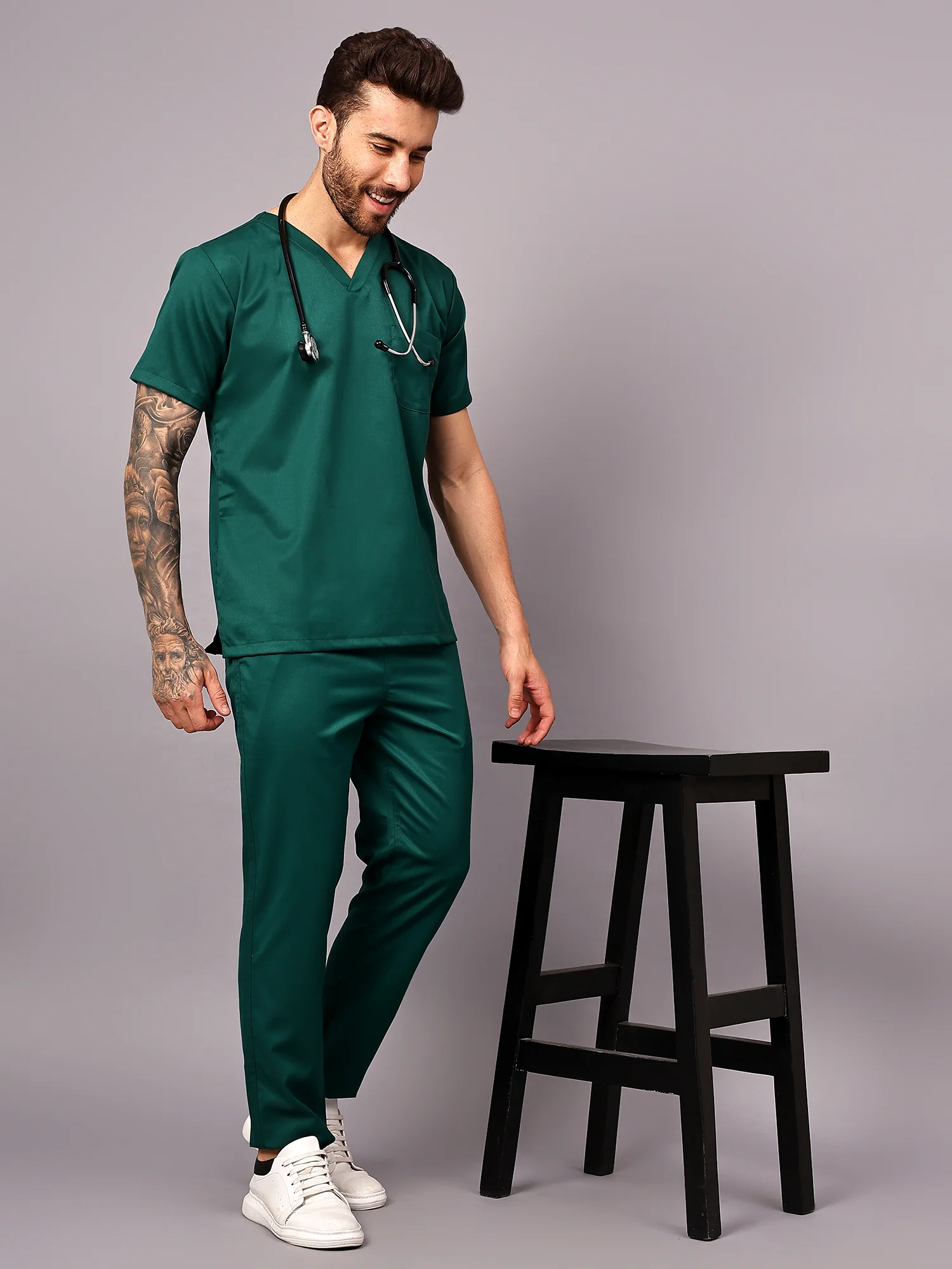 Stretchable (2Way) Men Hunter Green V-Neck With Straight Pant Scrub Set - Image 5