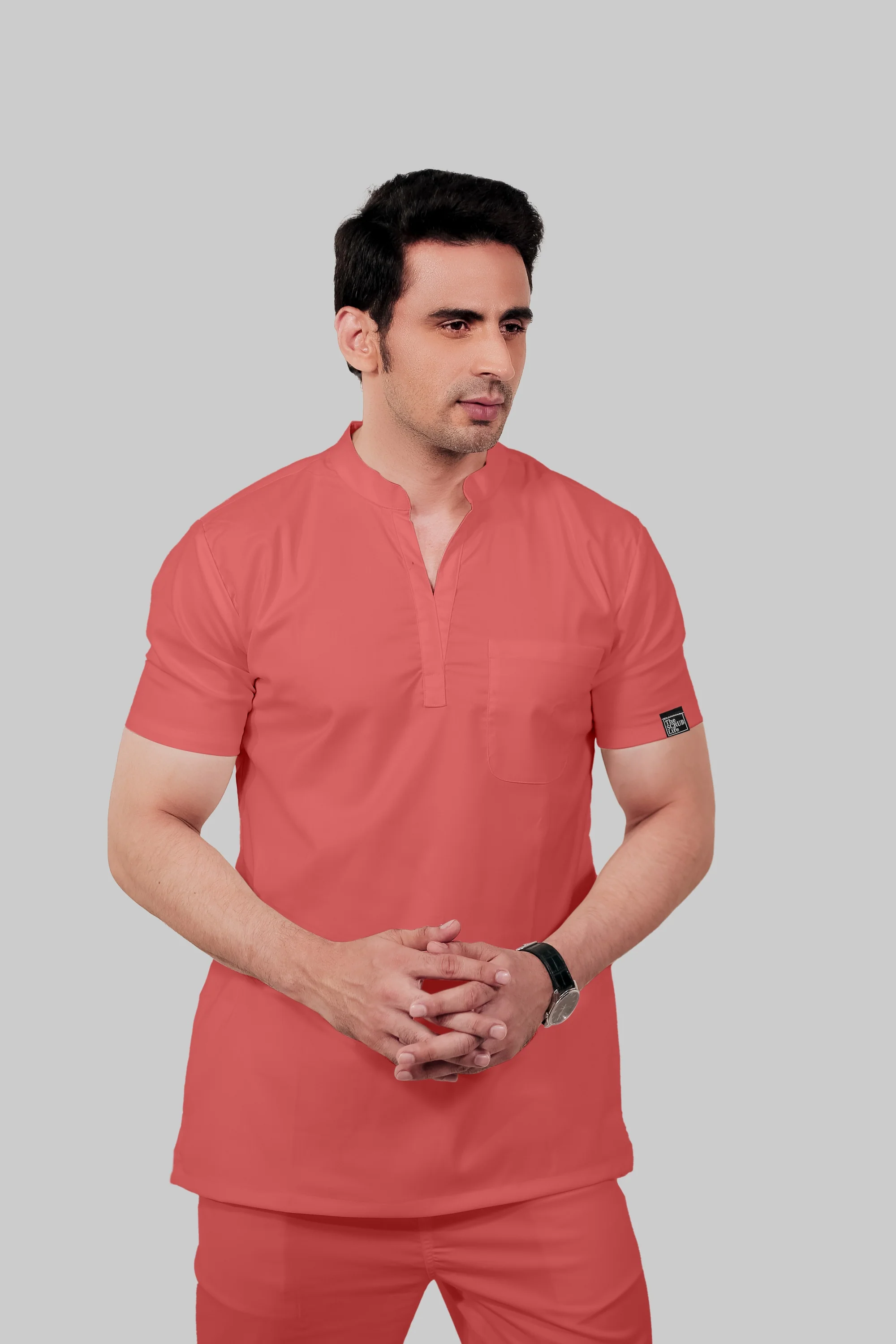 Stretchable (2Way) Men Peach Mandarin Neck With Straight Pant Scrub Set
