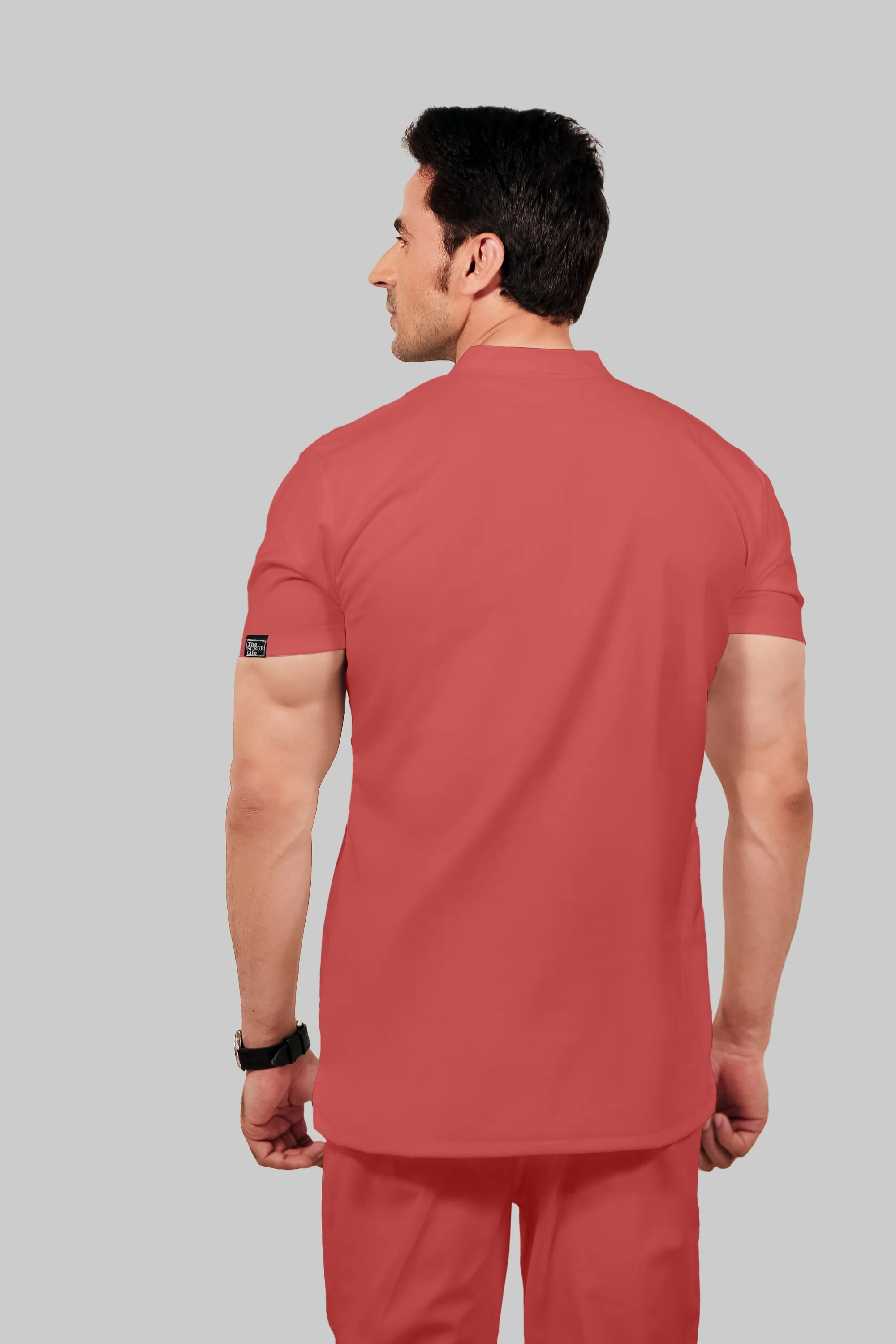 Stretchable (2Way) Men Peach Mandarin Neck With Straight Pant Scrub Set - Image 2