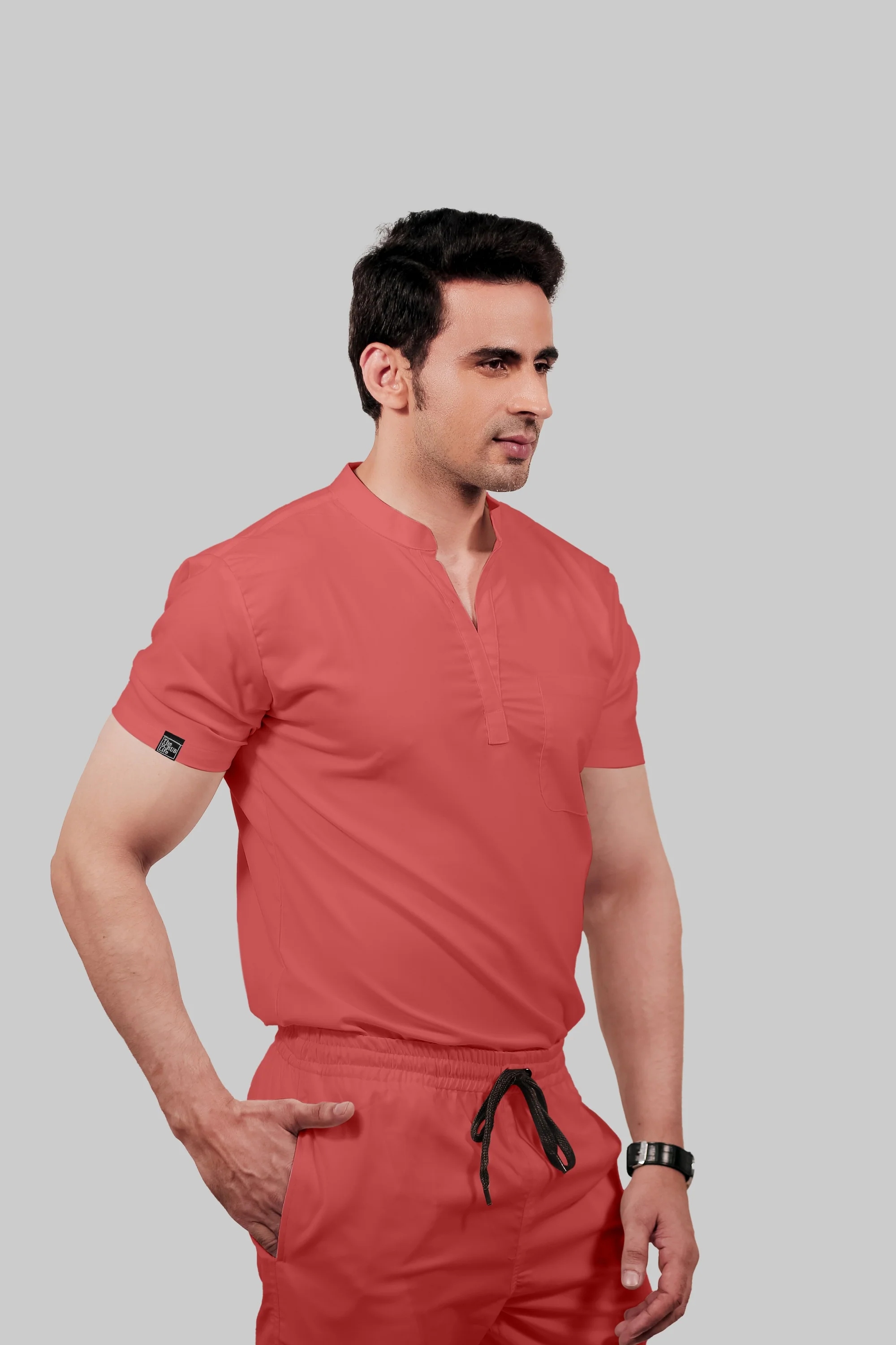 Stretchable (2Way) Men Peach Mandarin Neck With Straight Pant Scrub Set - Image 5