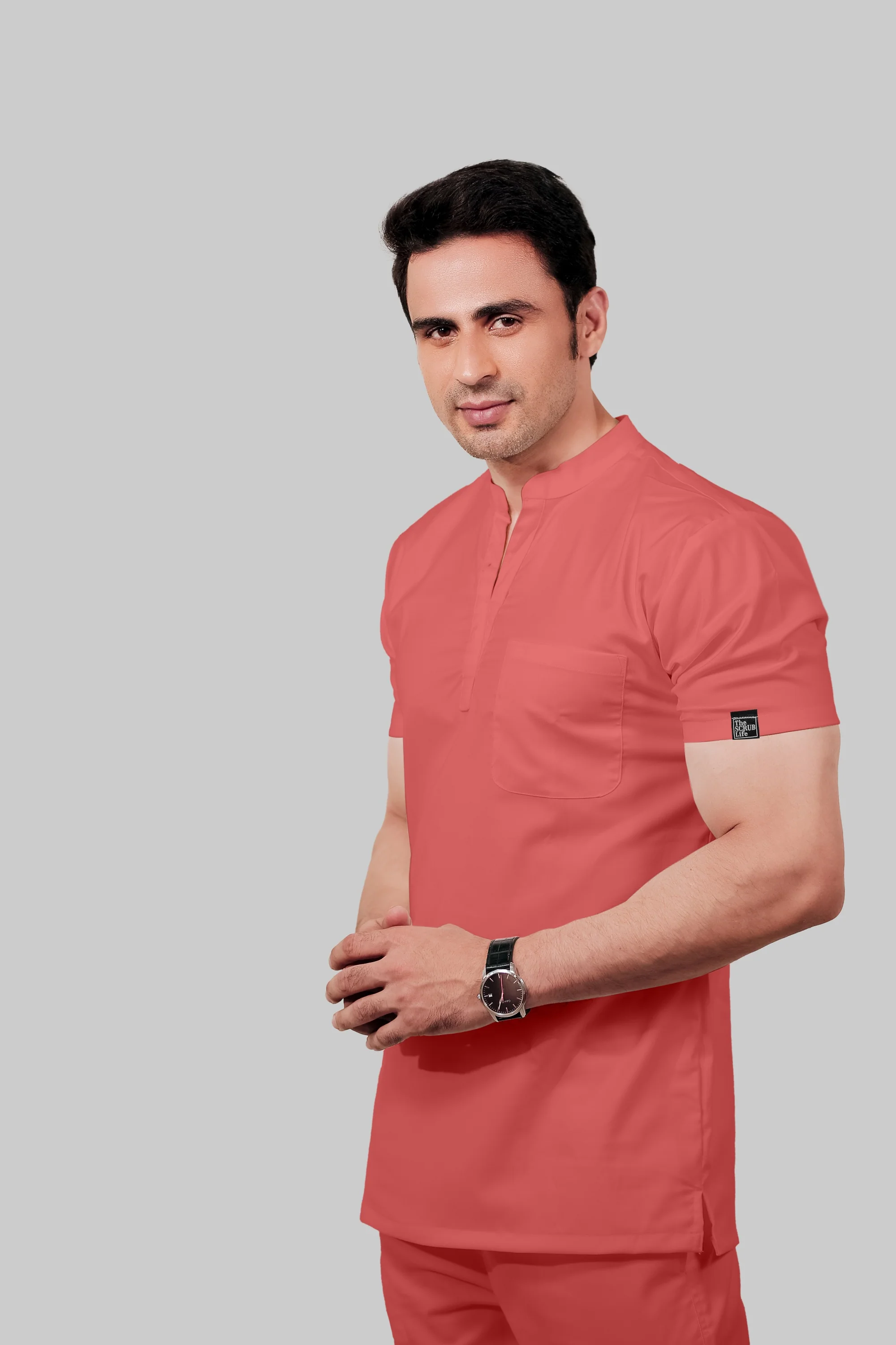 Stretchable (2Way) Men Peach Mandarin Neck With Straight Pant Scrub Set - Image 6