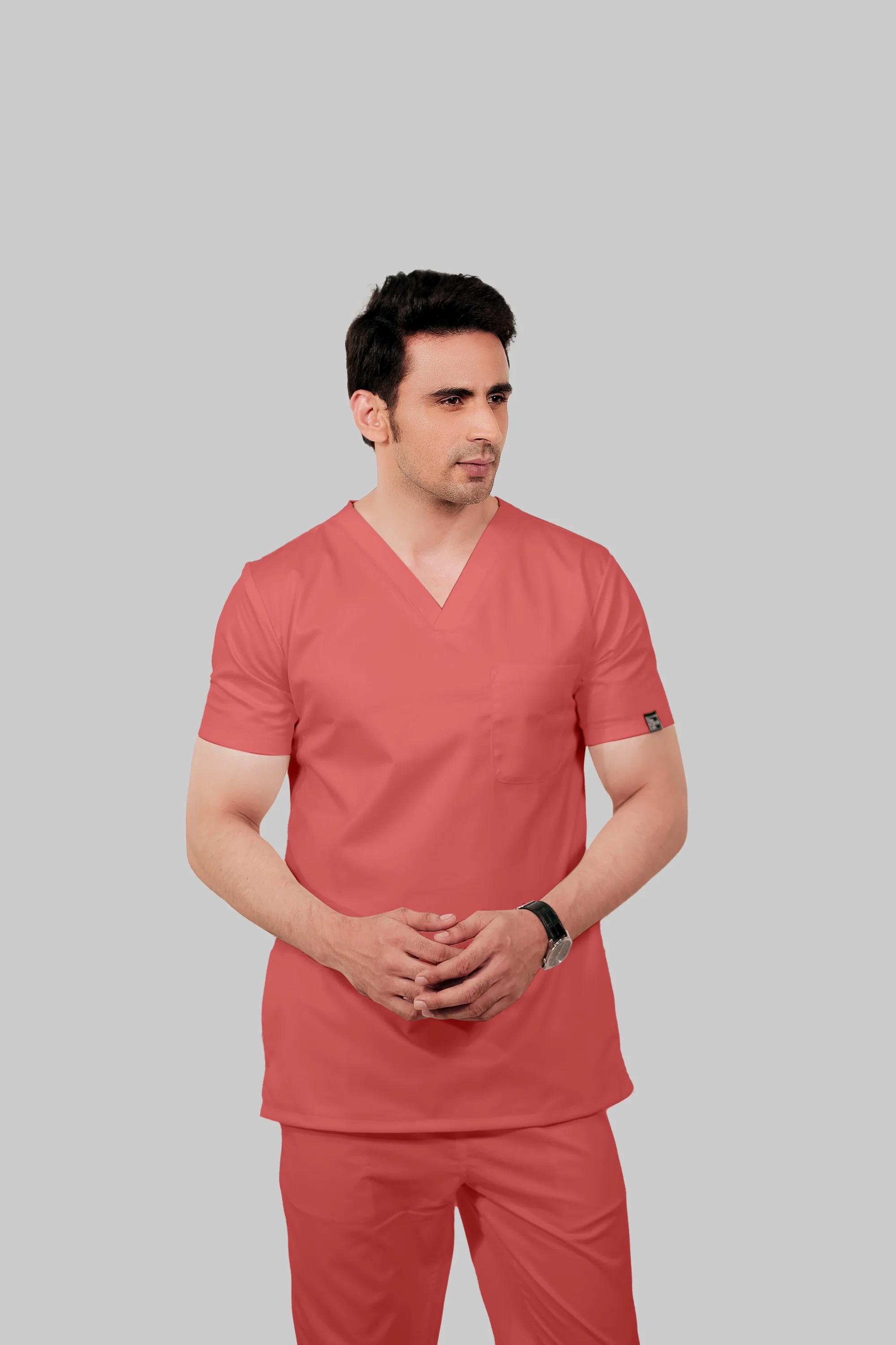 Stretchable (2Way) Men Peach V-Neck Scrub Top