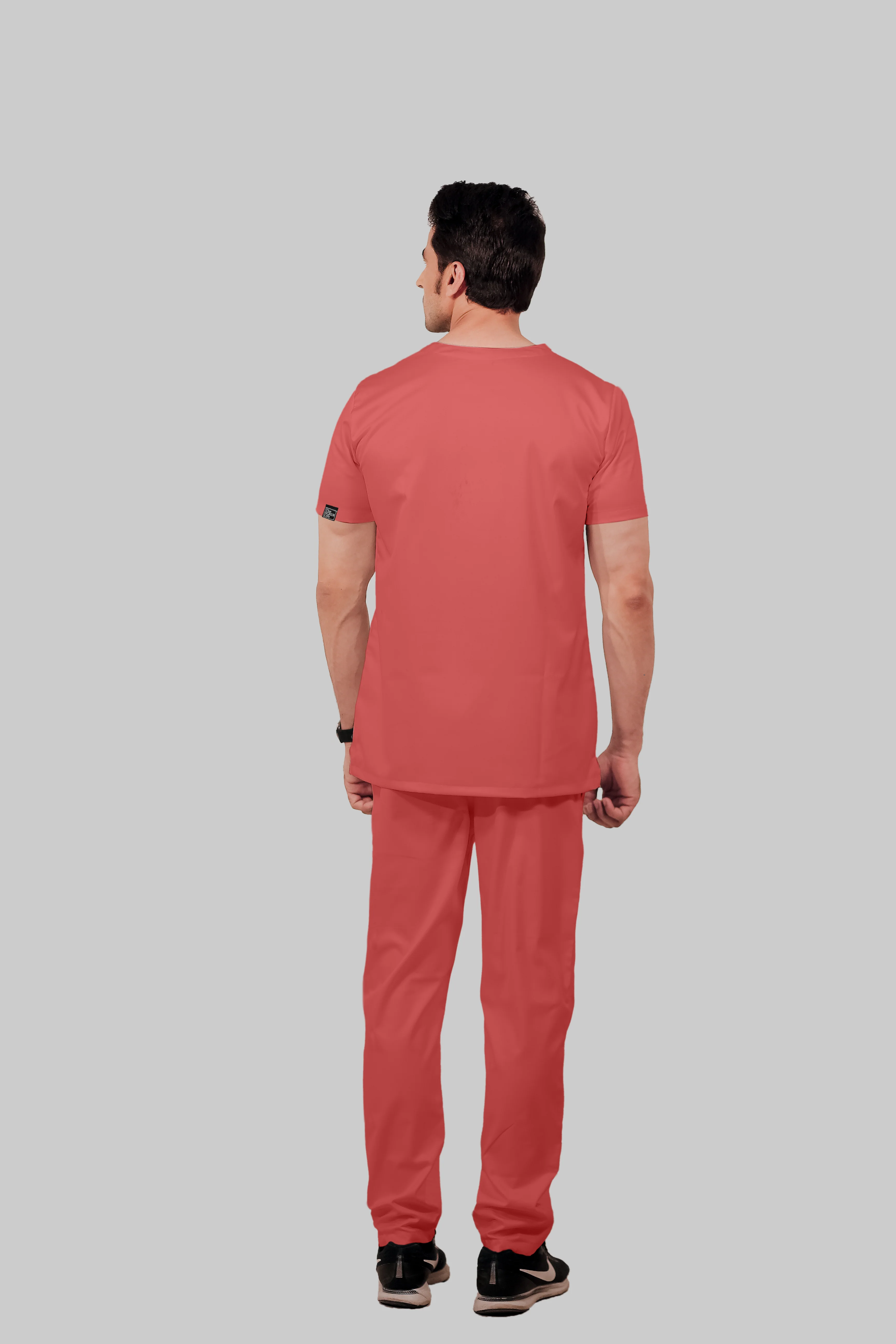 Stretchable (2Way) Men Peach V-Neck With Straight Pant Scrub Set - Image 2