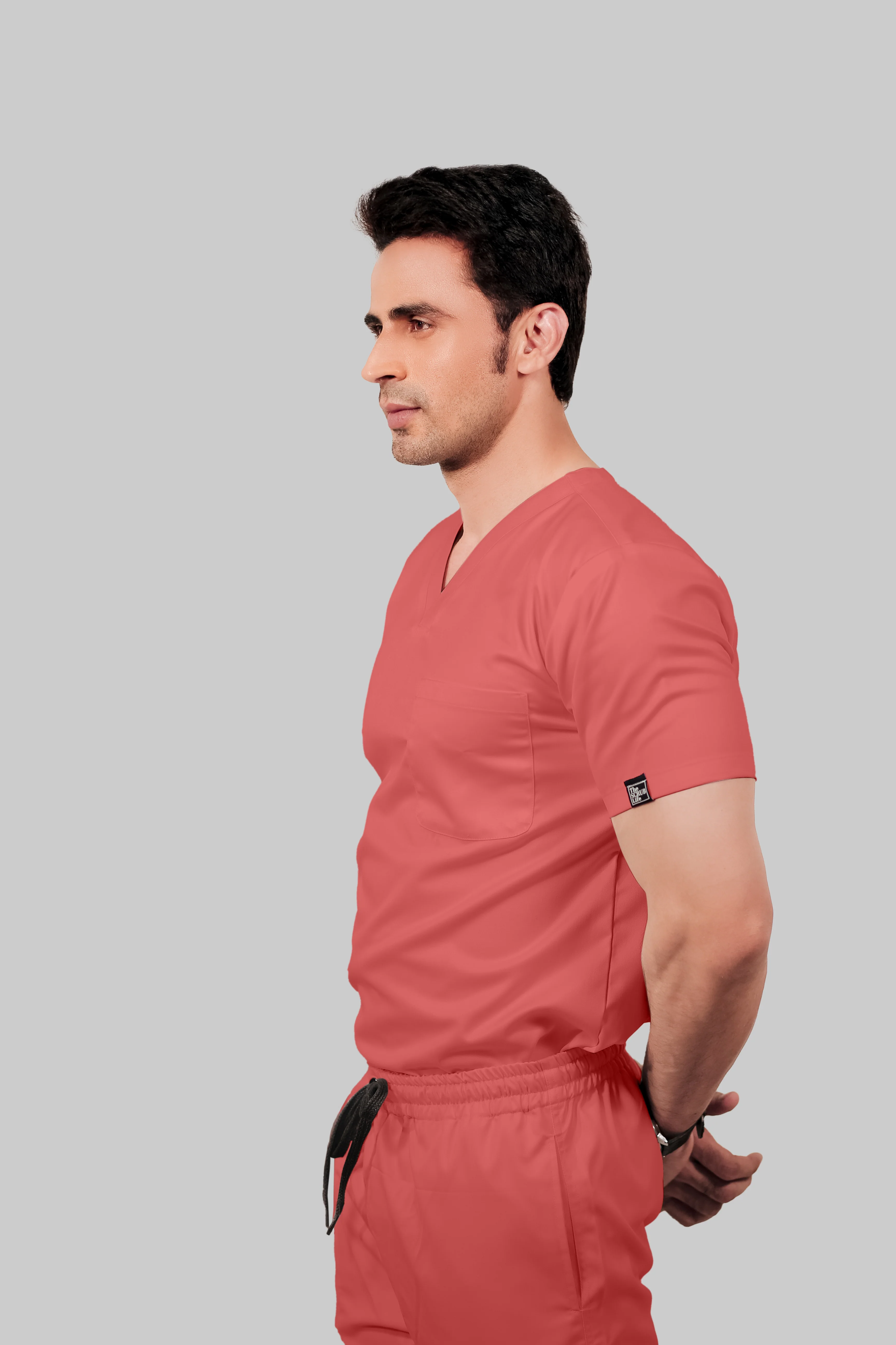 Stretchable (2Way) Men Peach V-Neck With Straight Pant Scrub Set - Image 5