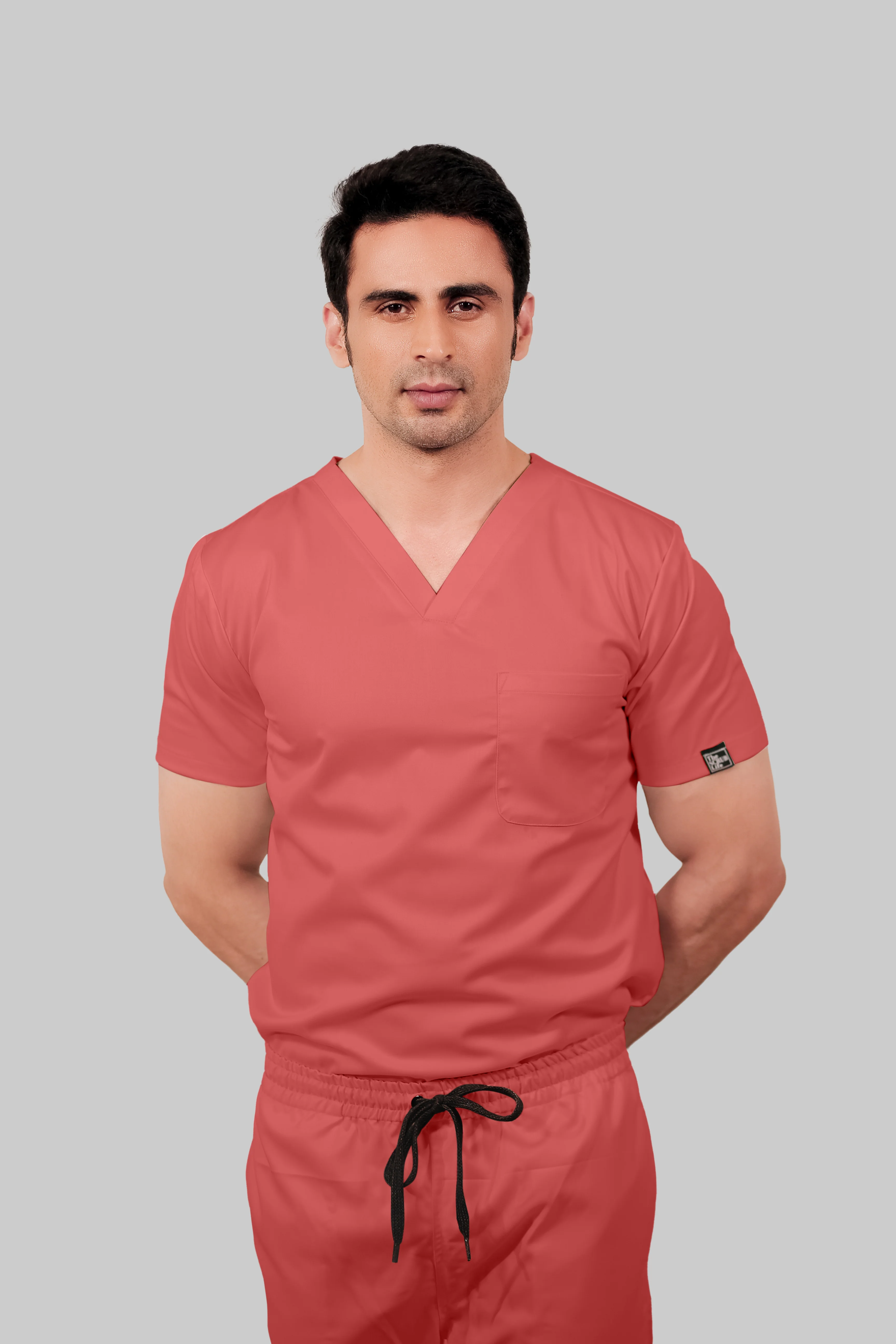 Stretchable (2Way) Men Peach V-Neck With Straight Pant Scrub Set - Image 7
