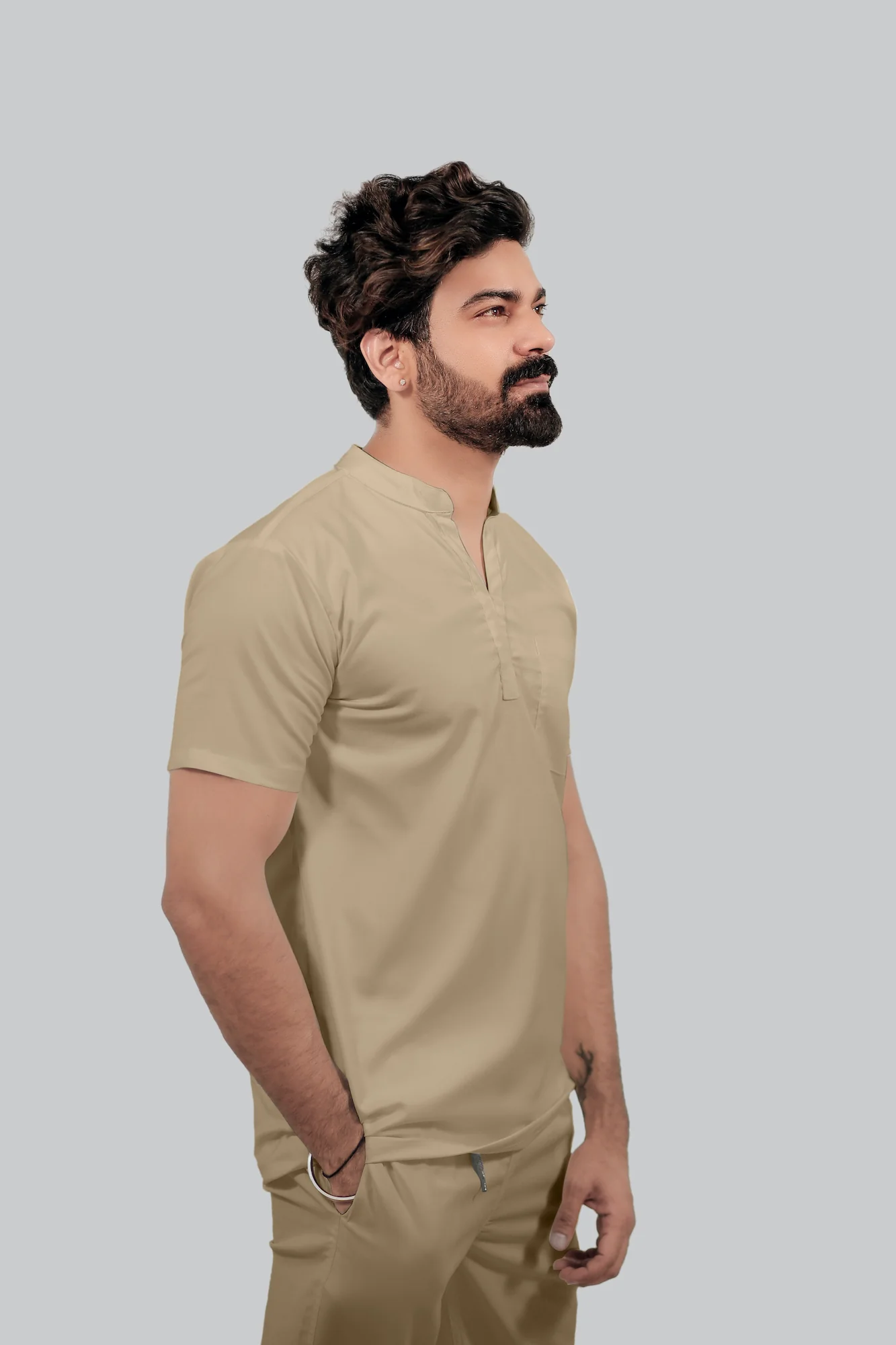 Stretchable (4Way) Men Beige Mandarin Neck Scrub Top - Image 3