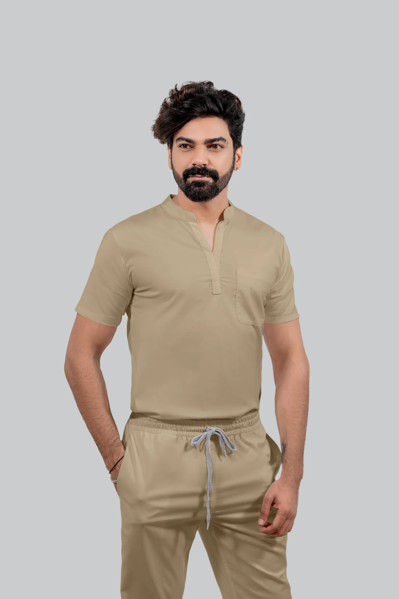 Stretchable (4Way) Men Beige Mandarin Neck Scrub Top - Image 4