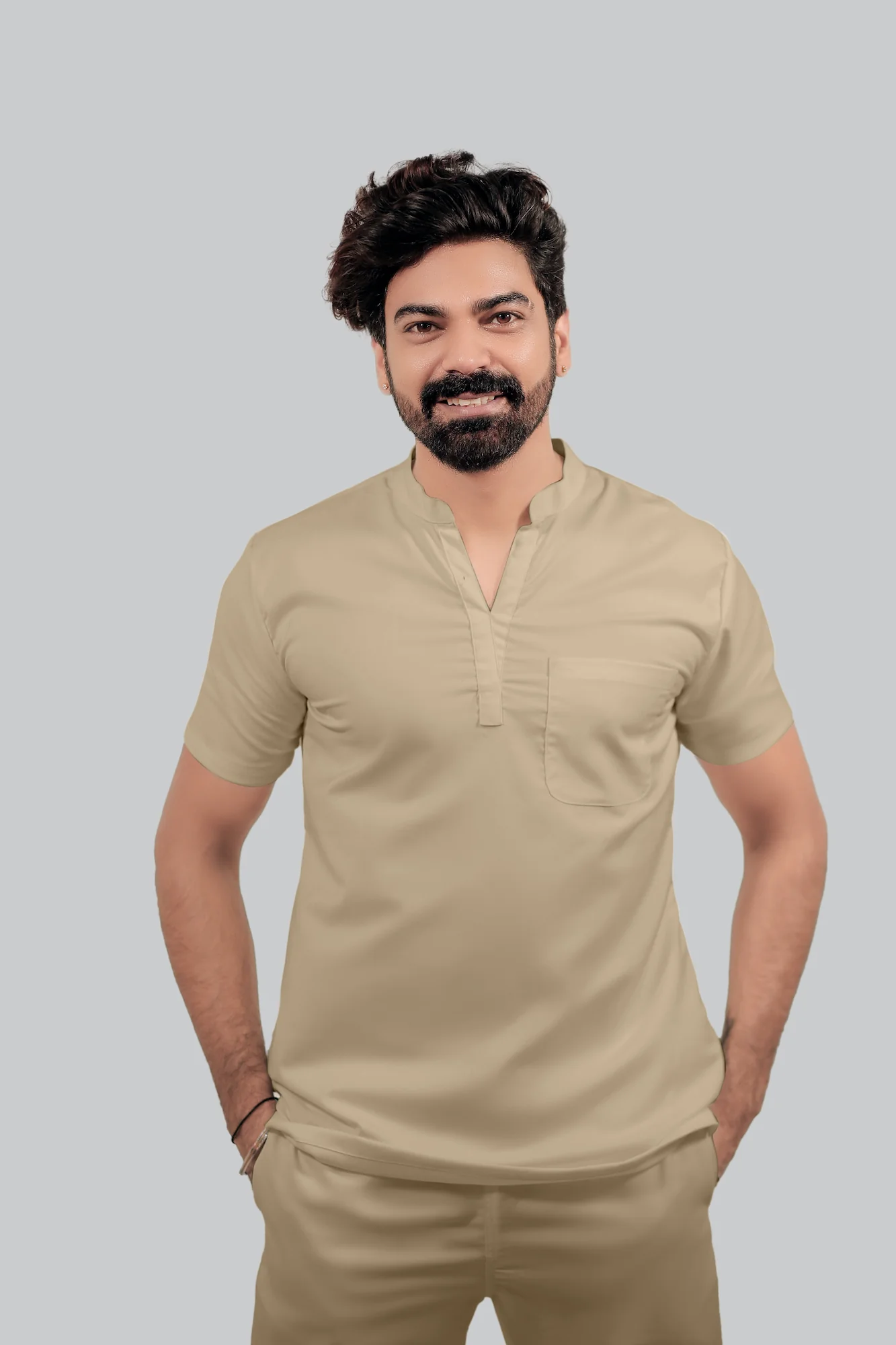 Stretchable (4Way) Men Beige Mandarin Neck with Jogger Scrub Set - Image 2