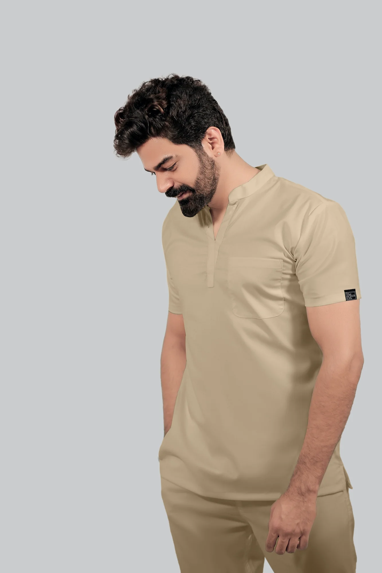 Stretchable (4Way) Men Beige Mandarin Neck with Straight Pant Scrub Set - Image 4