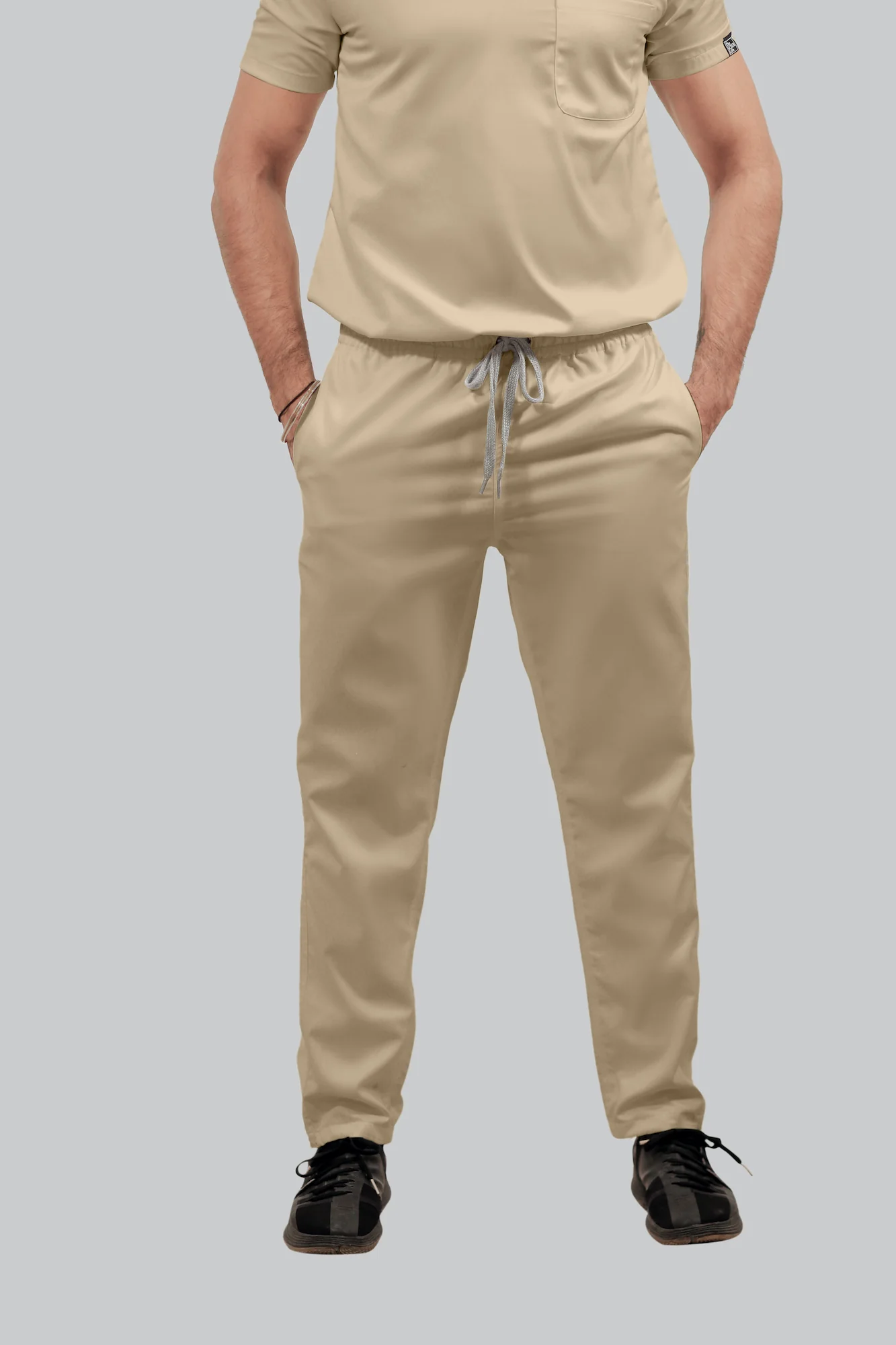 Stretchable (4Way) Men Beige Mandarin Neck with Straight Pant Scrub Set - Image 6