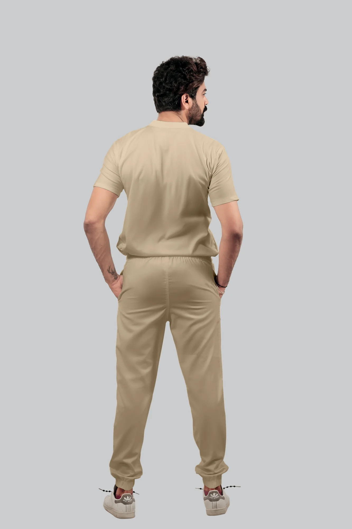 Stretchable (4Way) Men Beige V-Neck With Jogger Scrub Set - Image 6