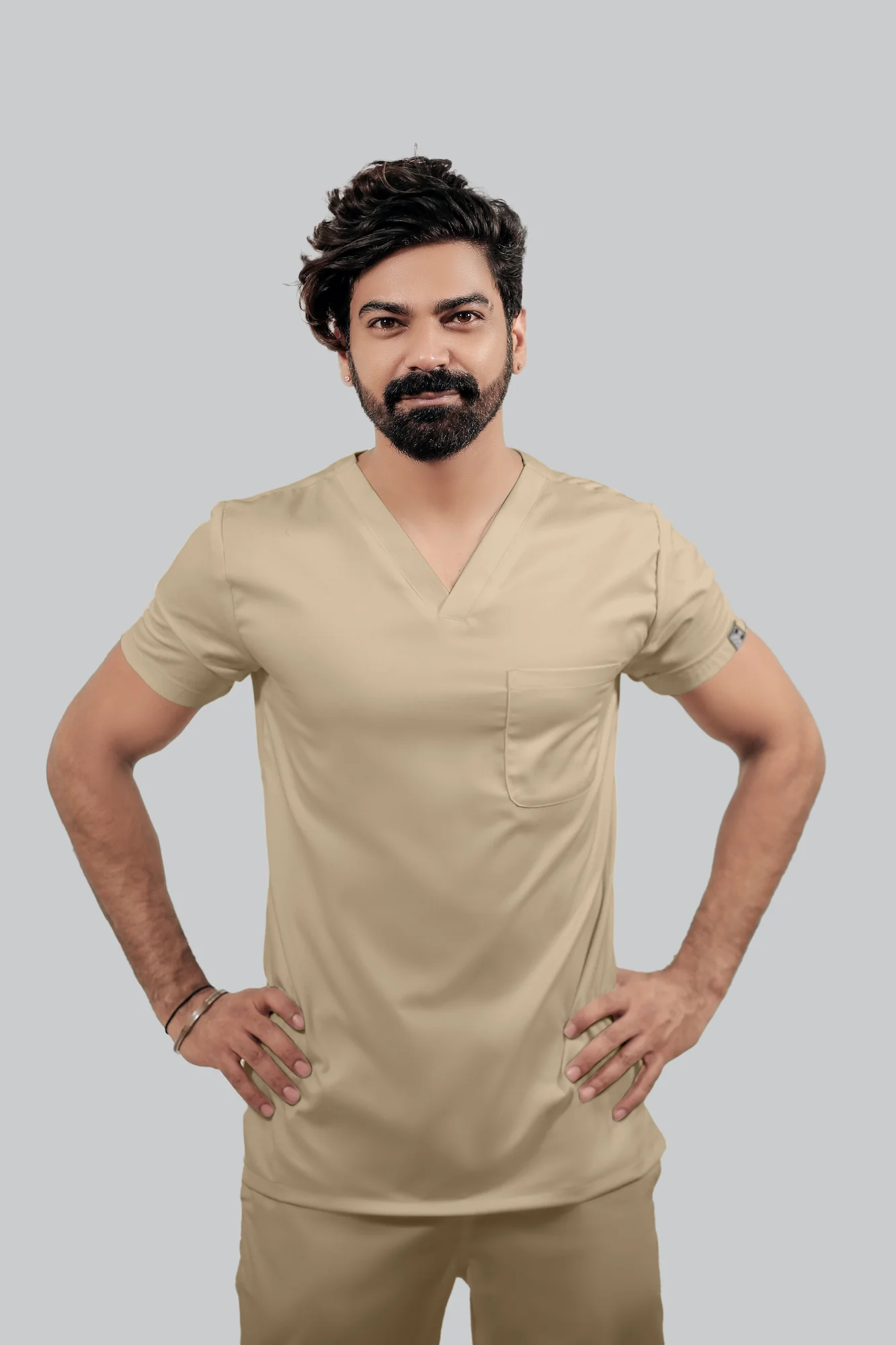 Stretchable (4Way) Men Beige V-Neck With Straight Pant Scrub Set - Image 2