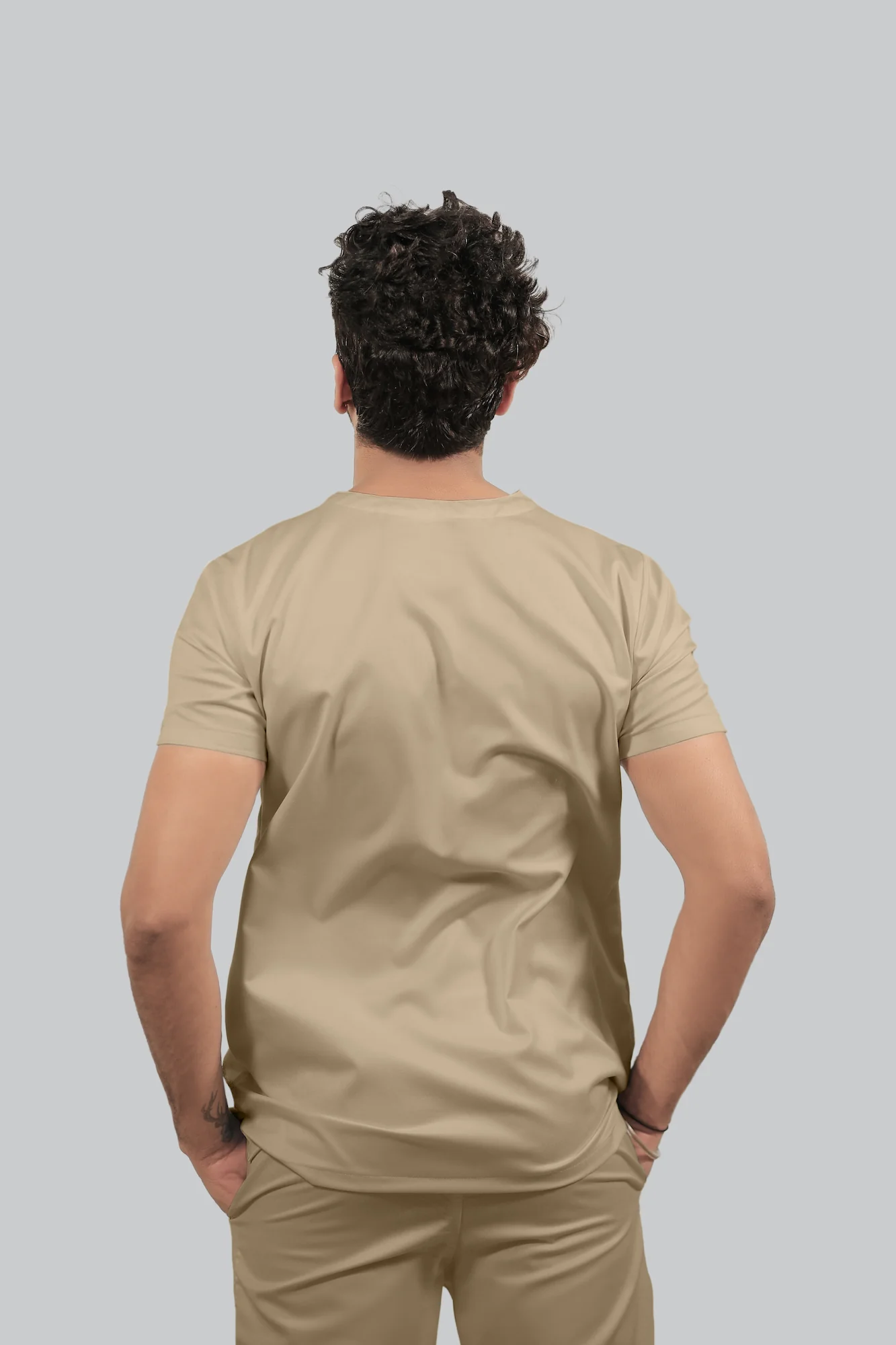 Stretchable (4Way) Men Beige V-Neck With Straight Pant Scrub Set - Image 3