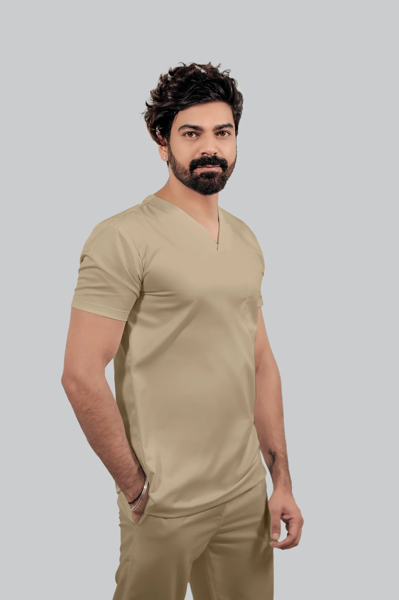 Stretchable (4Way) Men Beige V-Neck With Straight Pant Scrub Set - Image 4