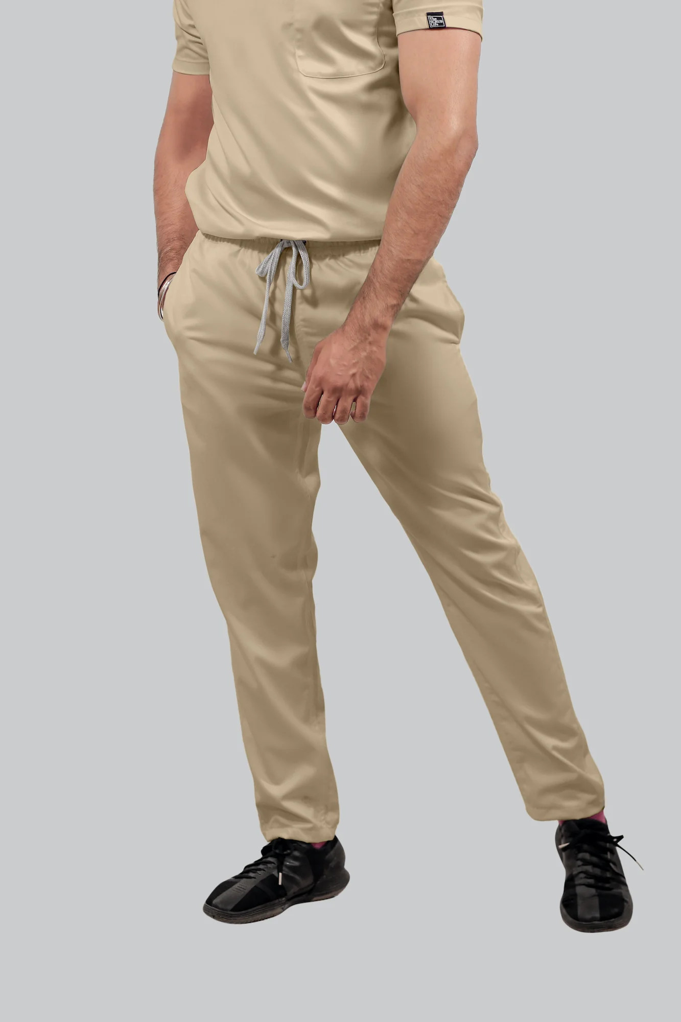 Stretchable (4Way) Men Beige V-Neck With Straight Pant Scrub Set - Image 5