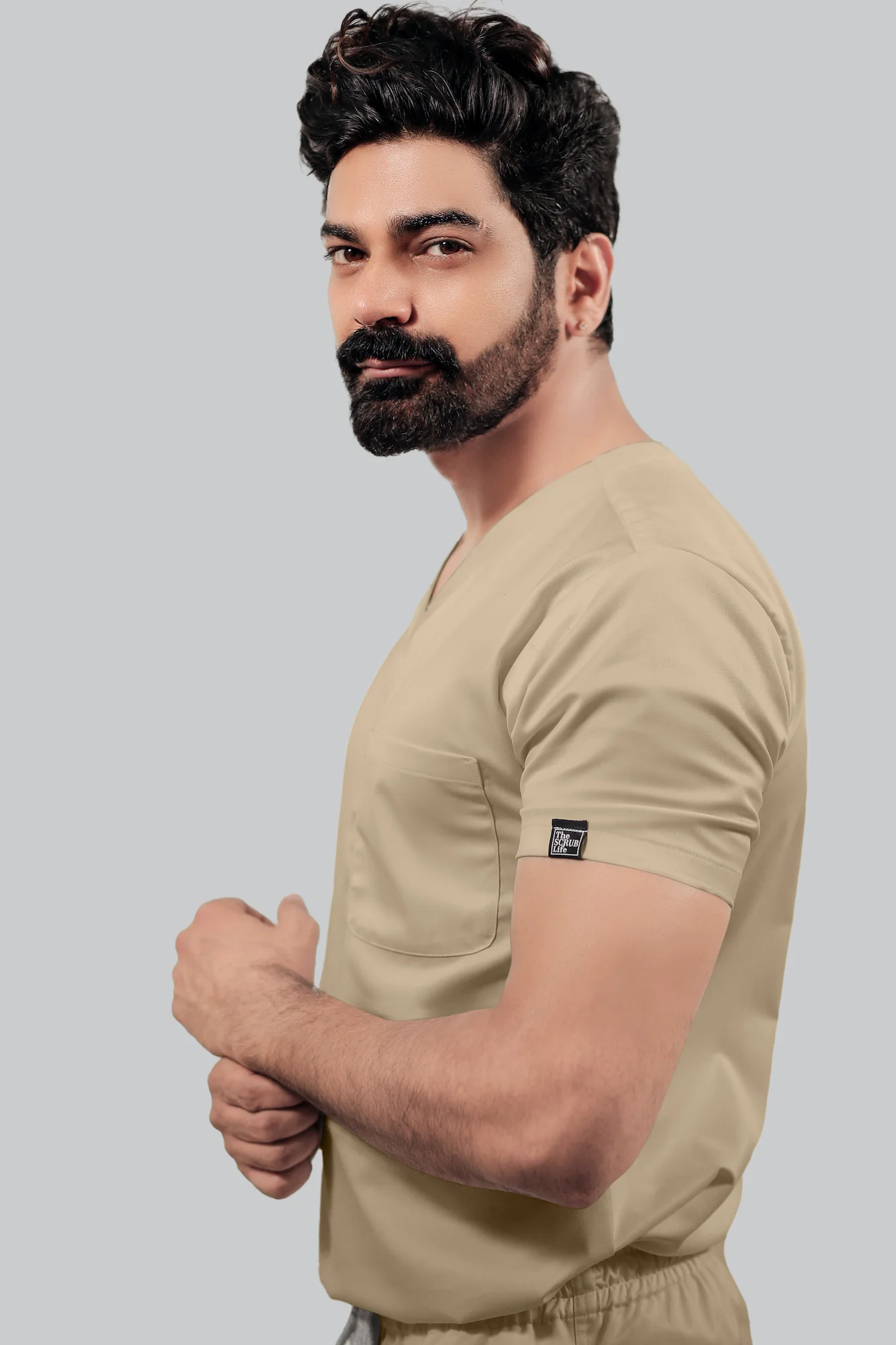 Stretchable (4Way) Men Beige V-Neck With Straight Pant Scrub Set - Image 6