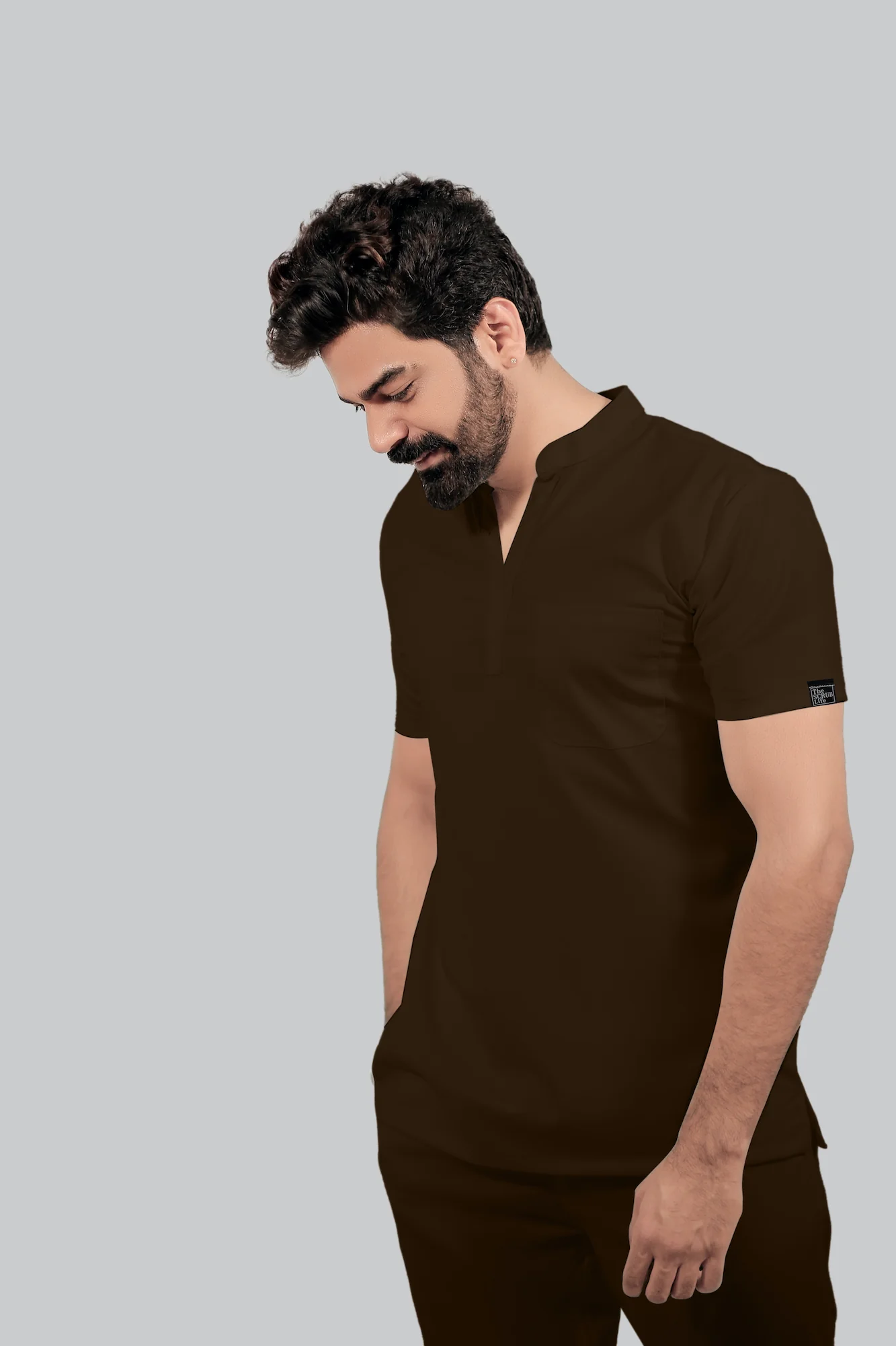 Stretchable (4Way) Men Brown Mandarin Neck with Jogger Scrub Set - Image 6