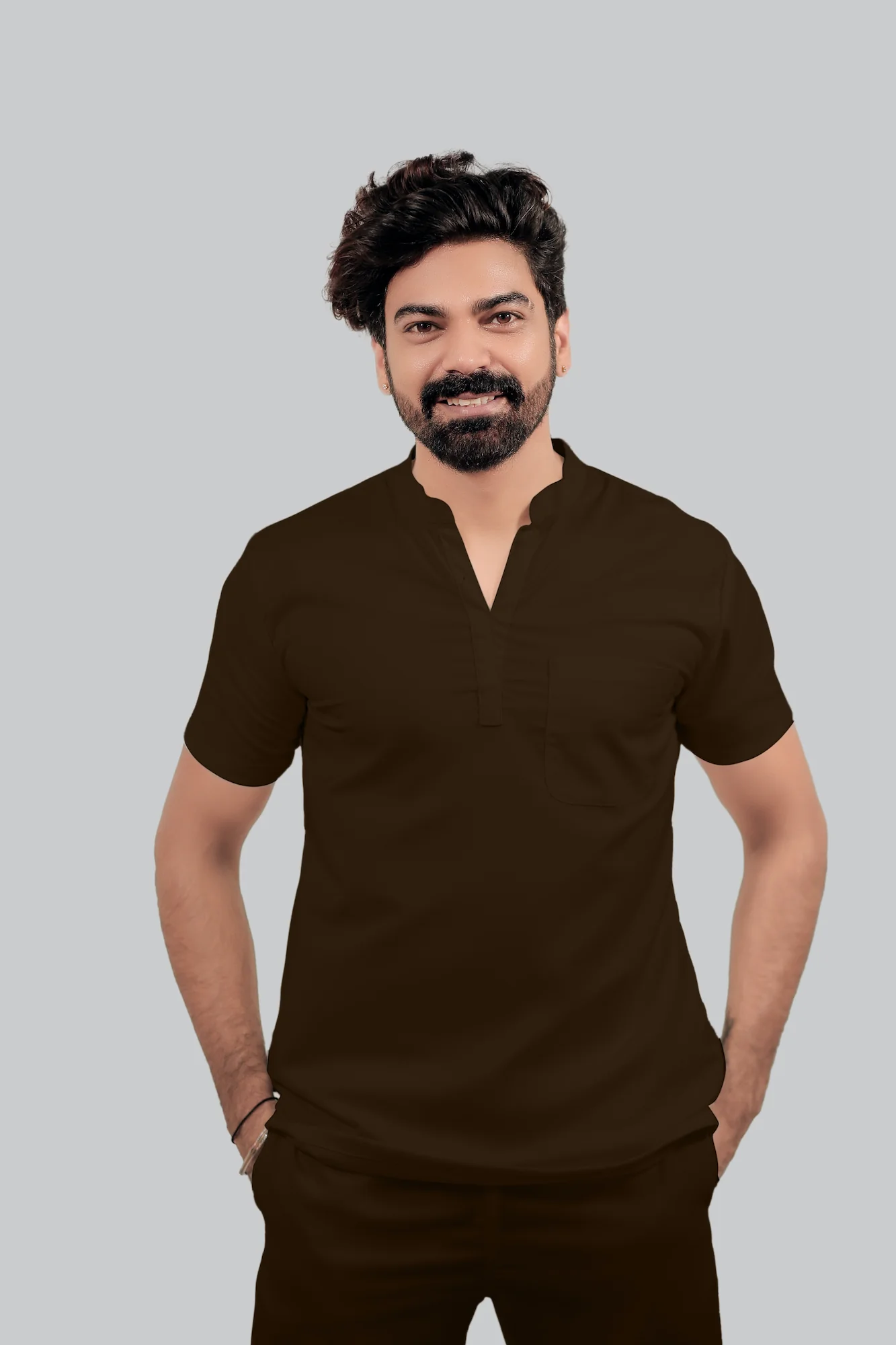 Stretchable (4Way) Men Brown Mandarin Neck with Straight Pant Scrub Set